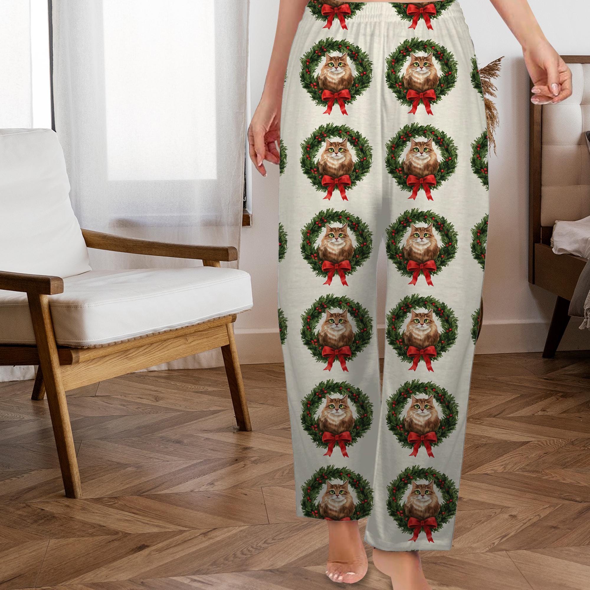 Personalized Christmas Pajama Pants: Cat Wreath Print, Holiday Theme, Cream Background image 3