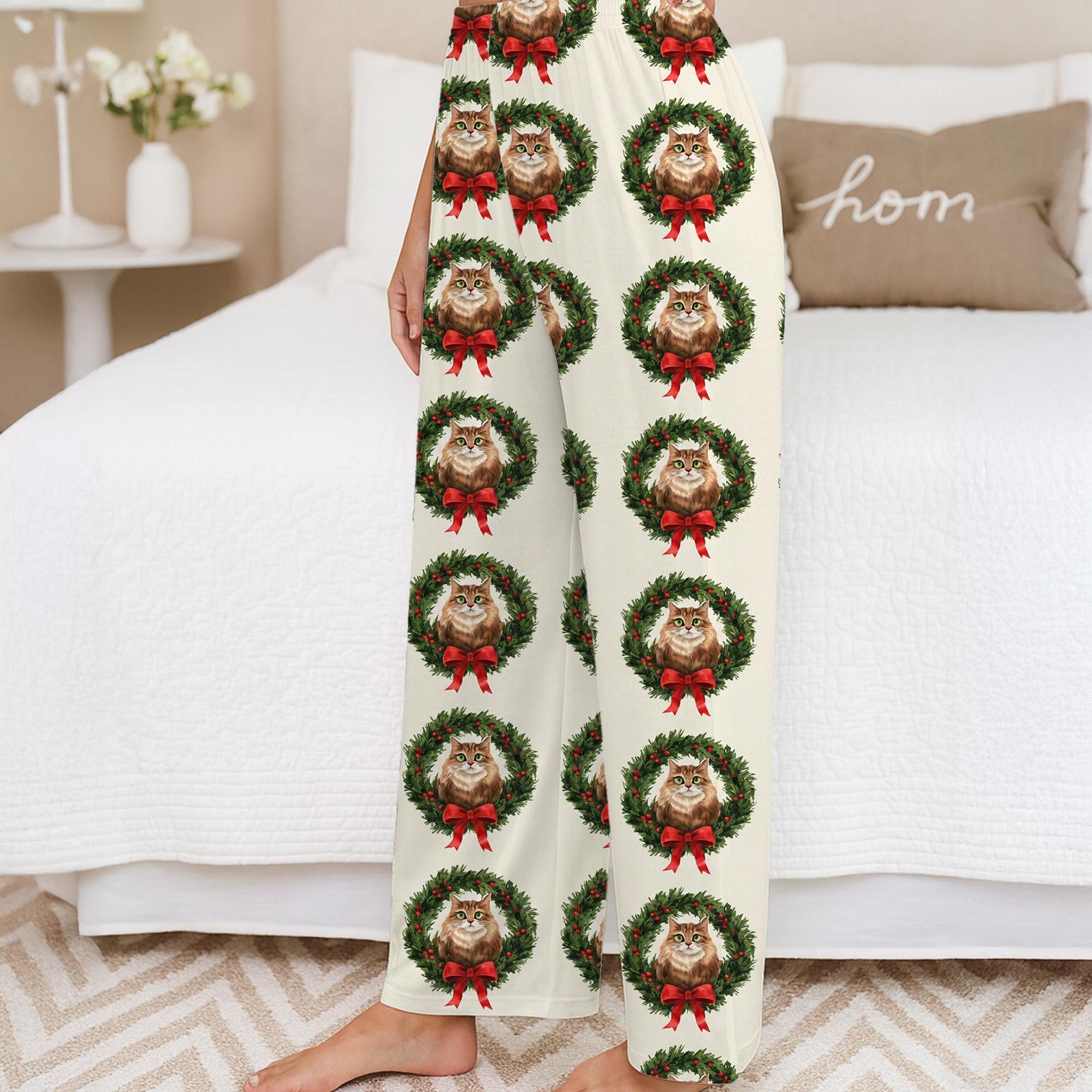 Personalized Christmas Pajama Pants: Cat Wreath Print, Holiday Theme, Cream Background image 5