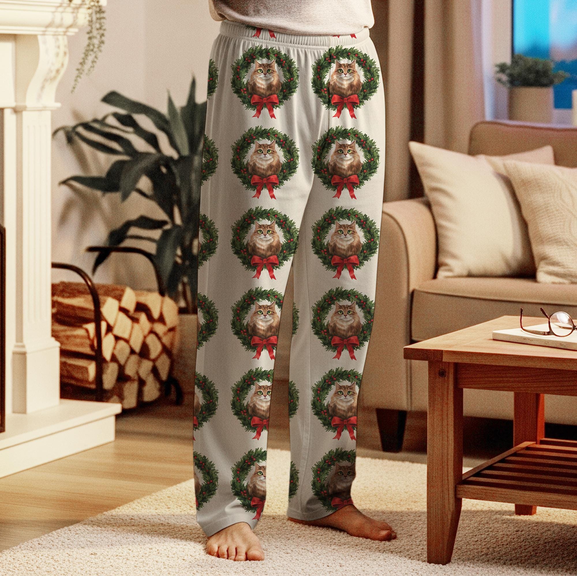 Personalized Christmas Pajama Pants: Cat Wreath Print, Holiday Theme, Cream Background image 6