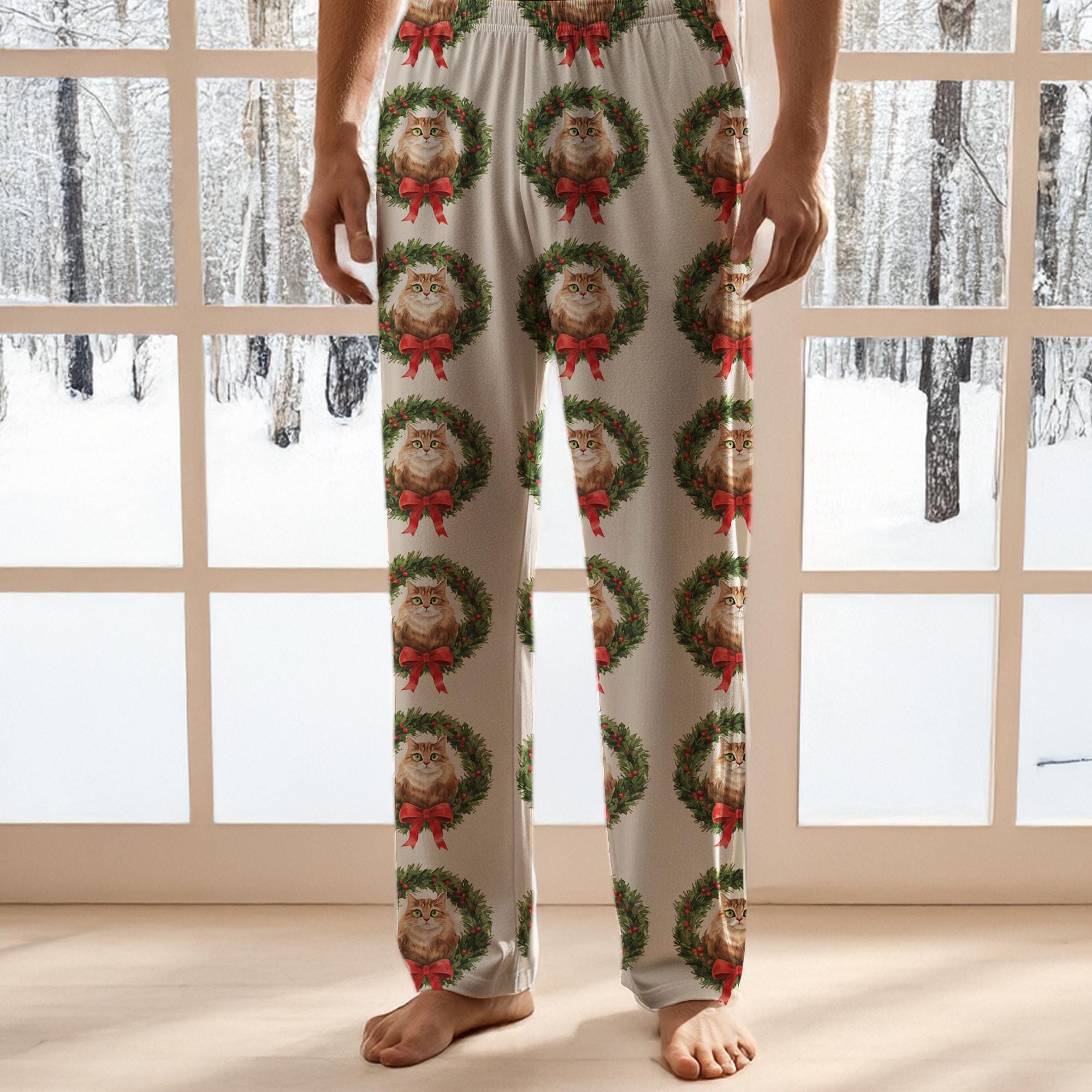 Personalized Christmas Pajama Pants: Cat Wreath Print, Holiday Theme, Cream Background image 8