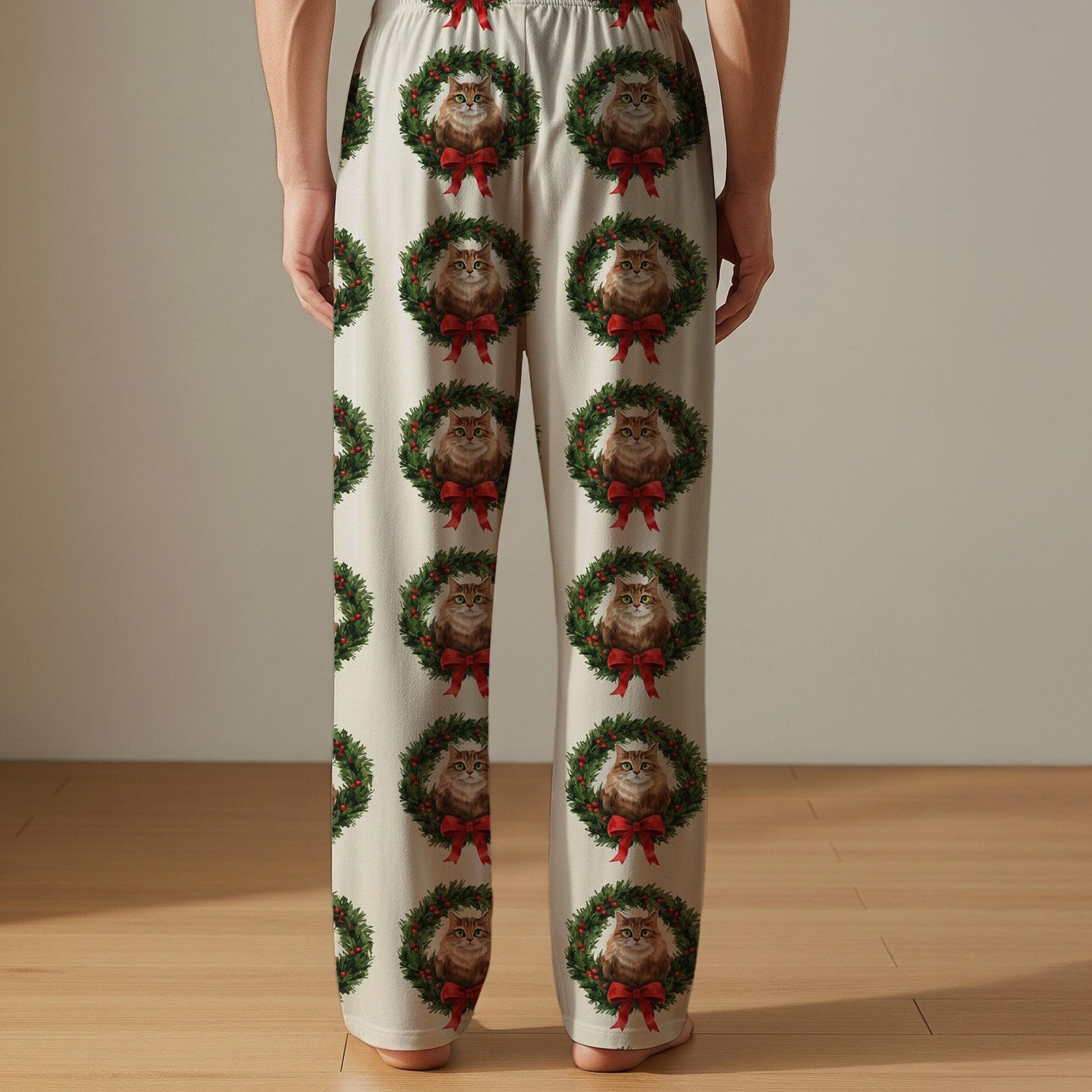 Personalized Christmas Pajama Pants: Cat Wreath Print, Holiday Theme, Cream Background image 2