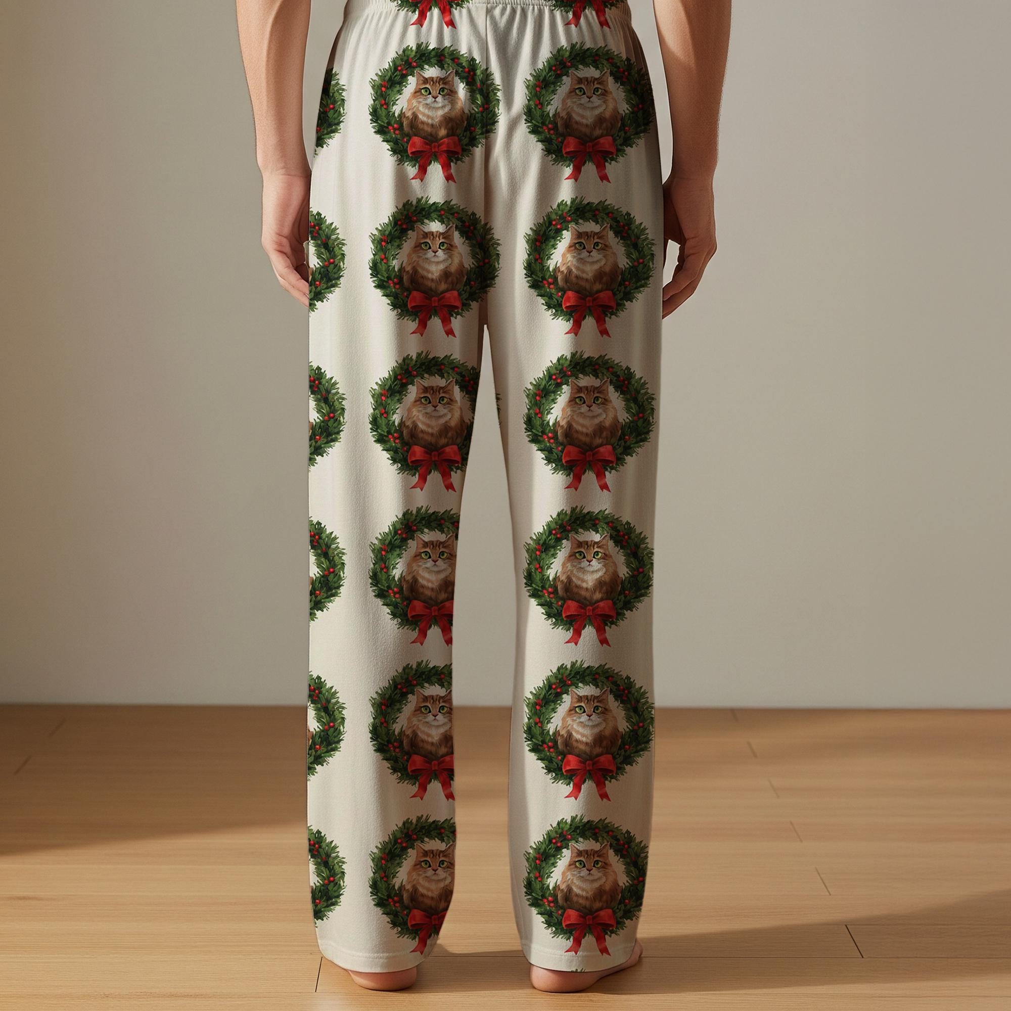Personalized Christmas Pajama Pants: Cat Wreath Print, Holiday Theme, Cream Background image 2