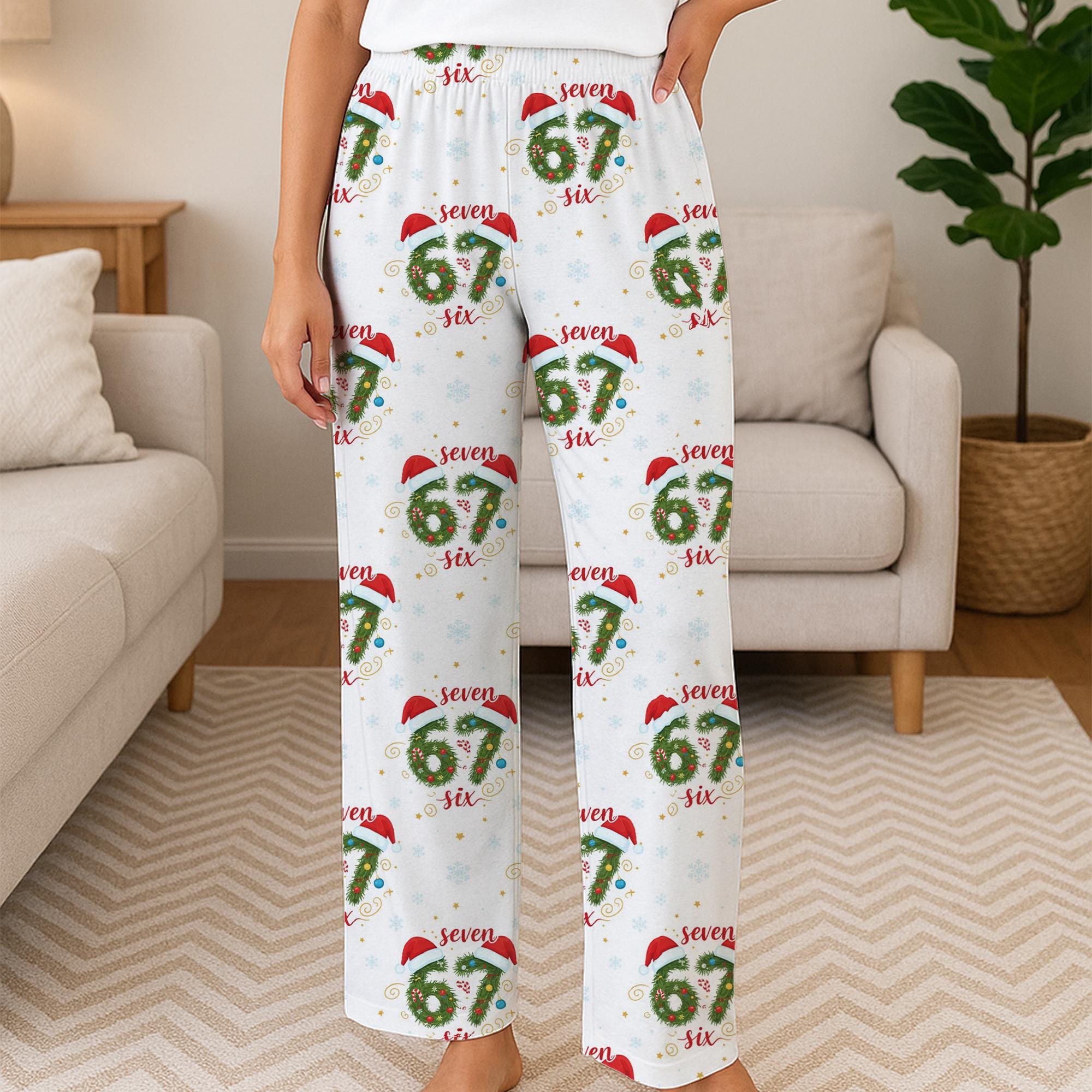 67 Christmas Pajama Pants – Six Seven Number Wreath Print, Snowflake Pattern, 6 7 Holiday image 1
