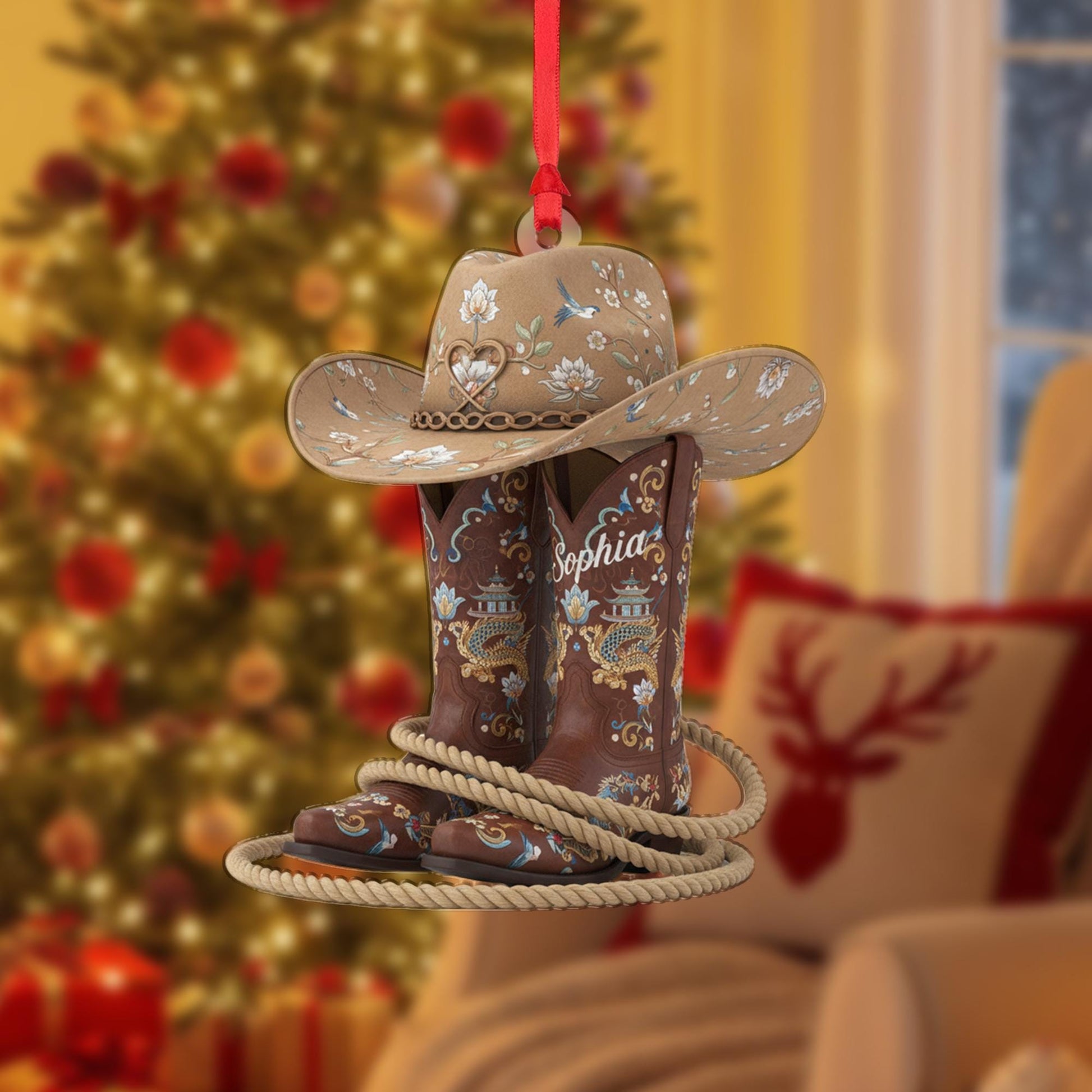 Personalized Cowboy Boot and Hat Ornament: Western Country Style Decoration, Brown Tooled Design image 2