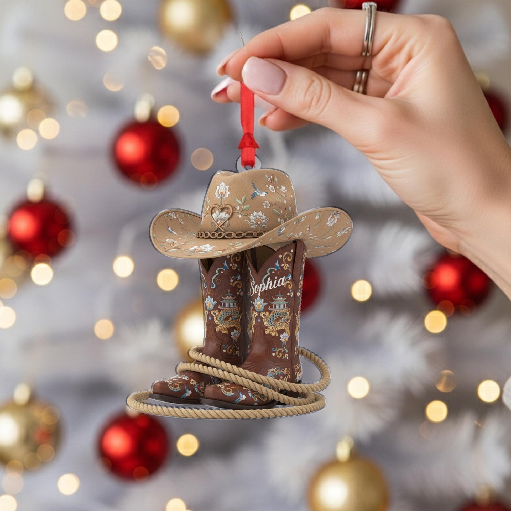 Personalized Cowboy Boot and Hat Ornament: Western Country Style Decoration, Brown Tooled Design image 7