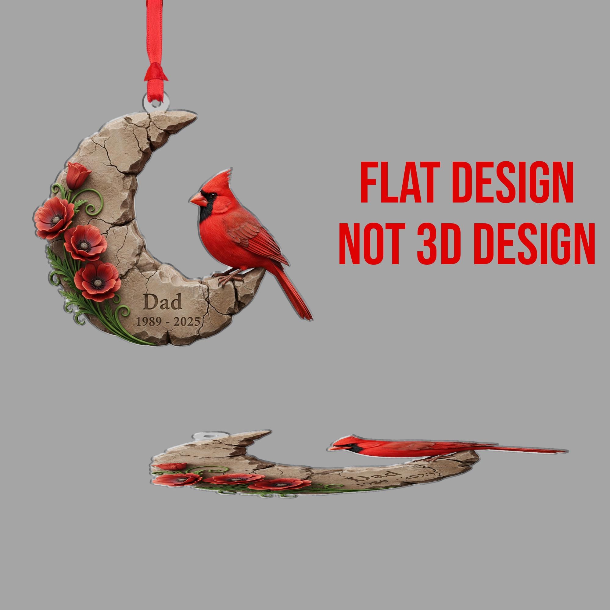 Personalized Cardinal Memorial Ornament: Crescent Moon Stone Decoration with Poppies image 3