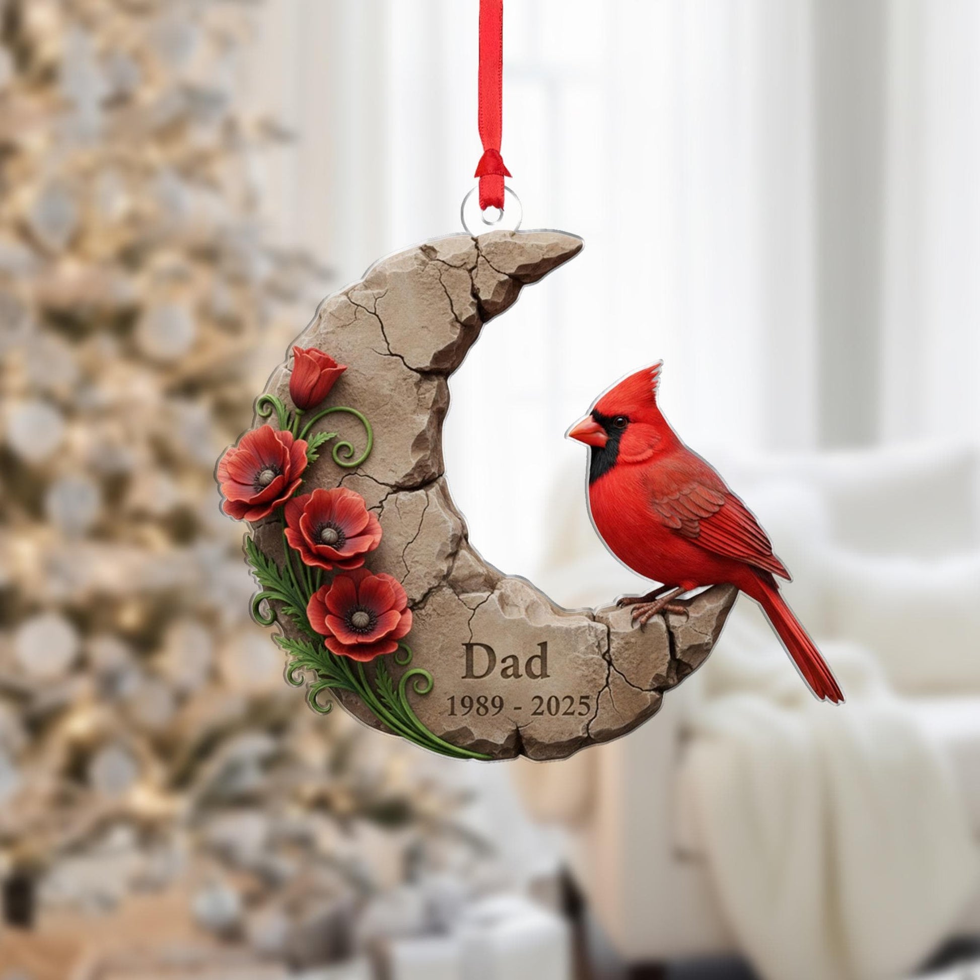 Personalized Cardinal Memorial Ornament: Crescent Moon Stone Decoration with Poppies image 1