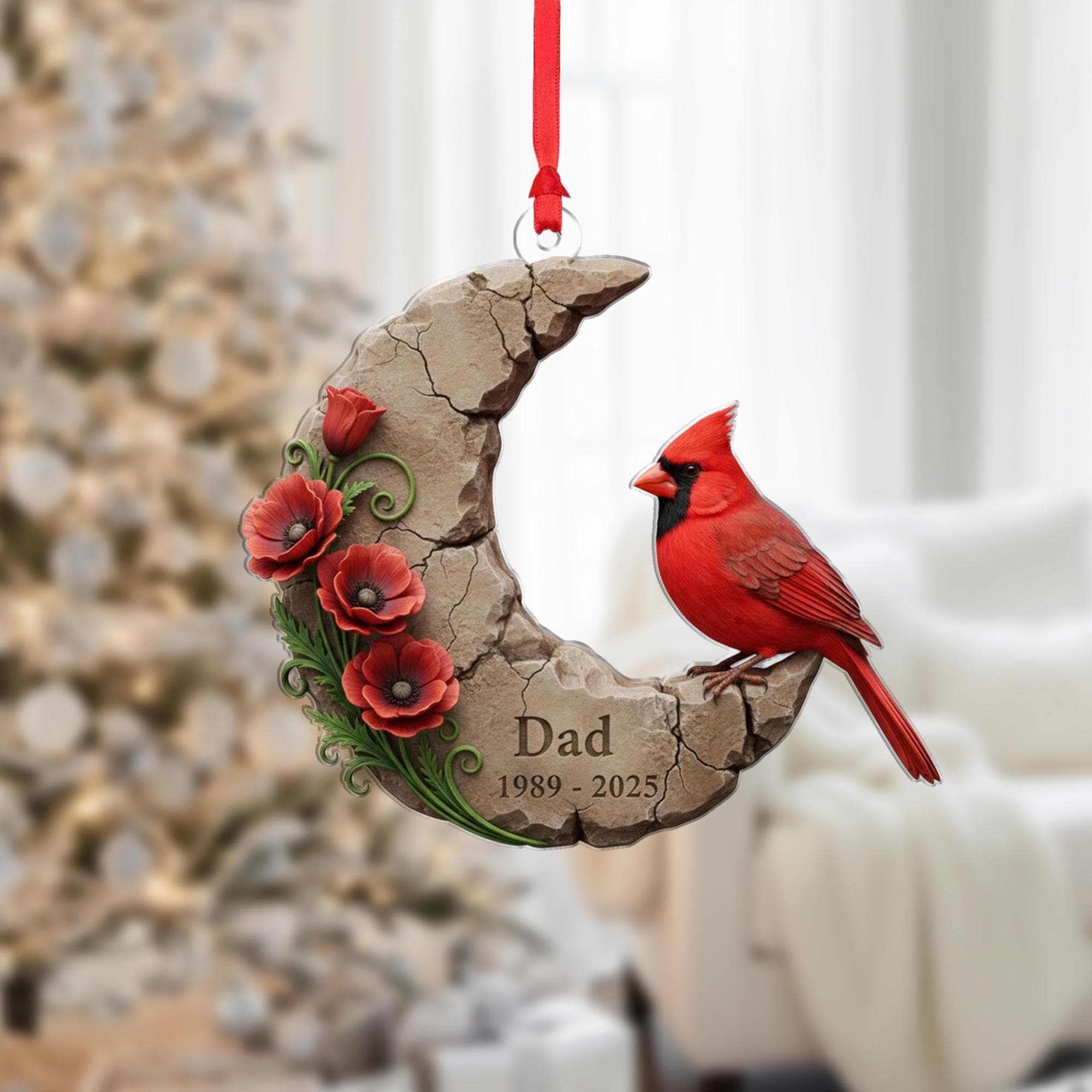 Personalized Cardinal Memorial Ornament: Crescent Moon Stone Decoration with Poppies image 1