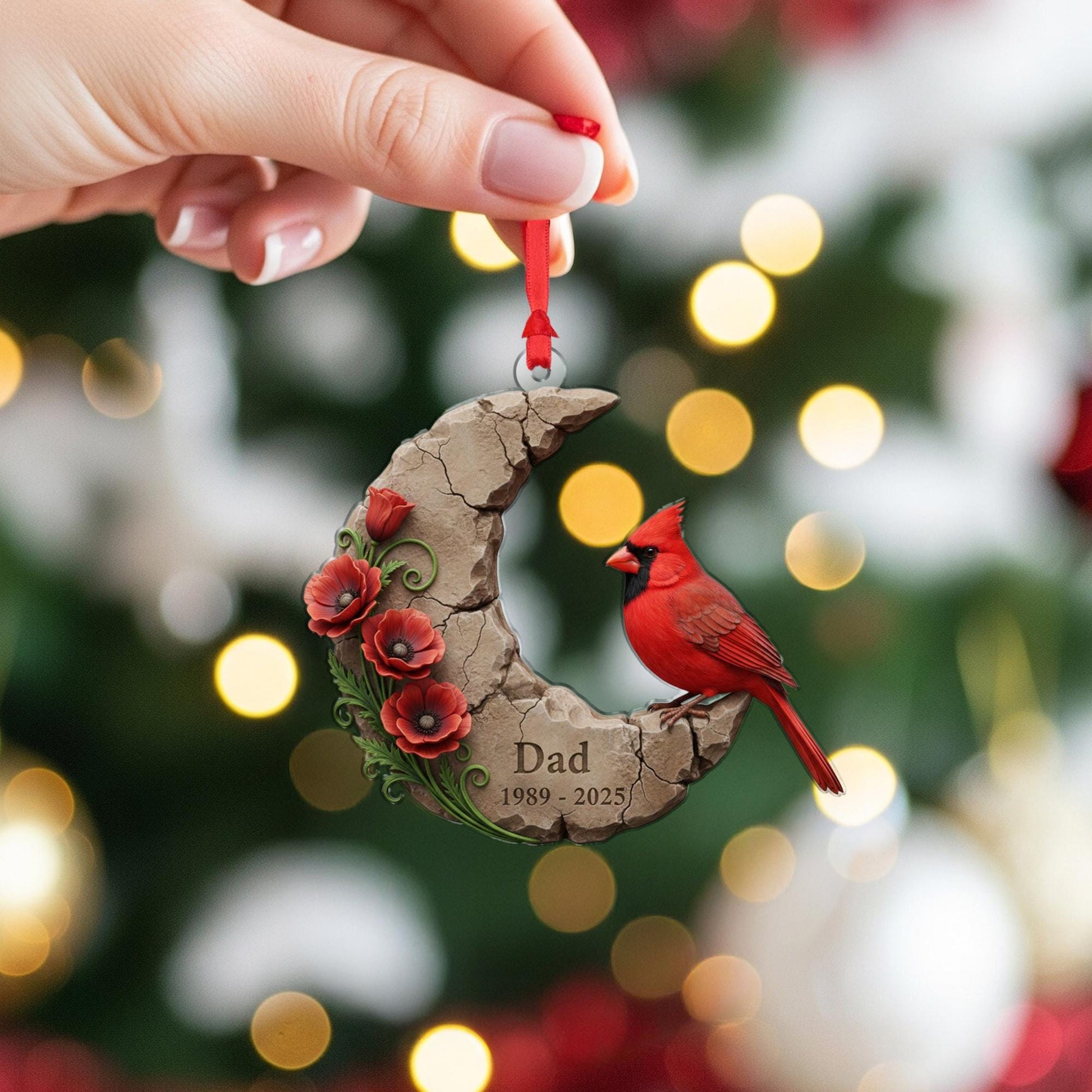 Personalized Cardinal Memorial Ornament: Crescent Moon Stone Decoration with Poppies image 5