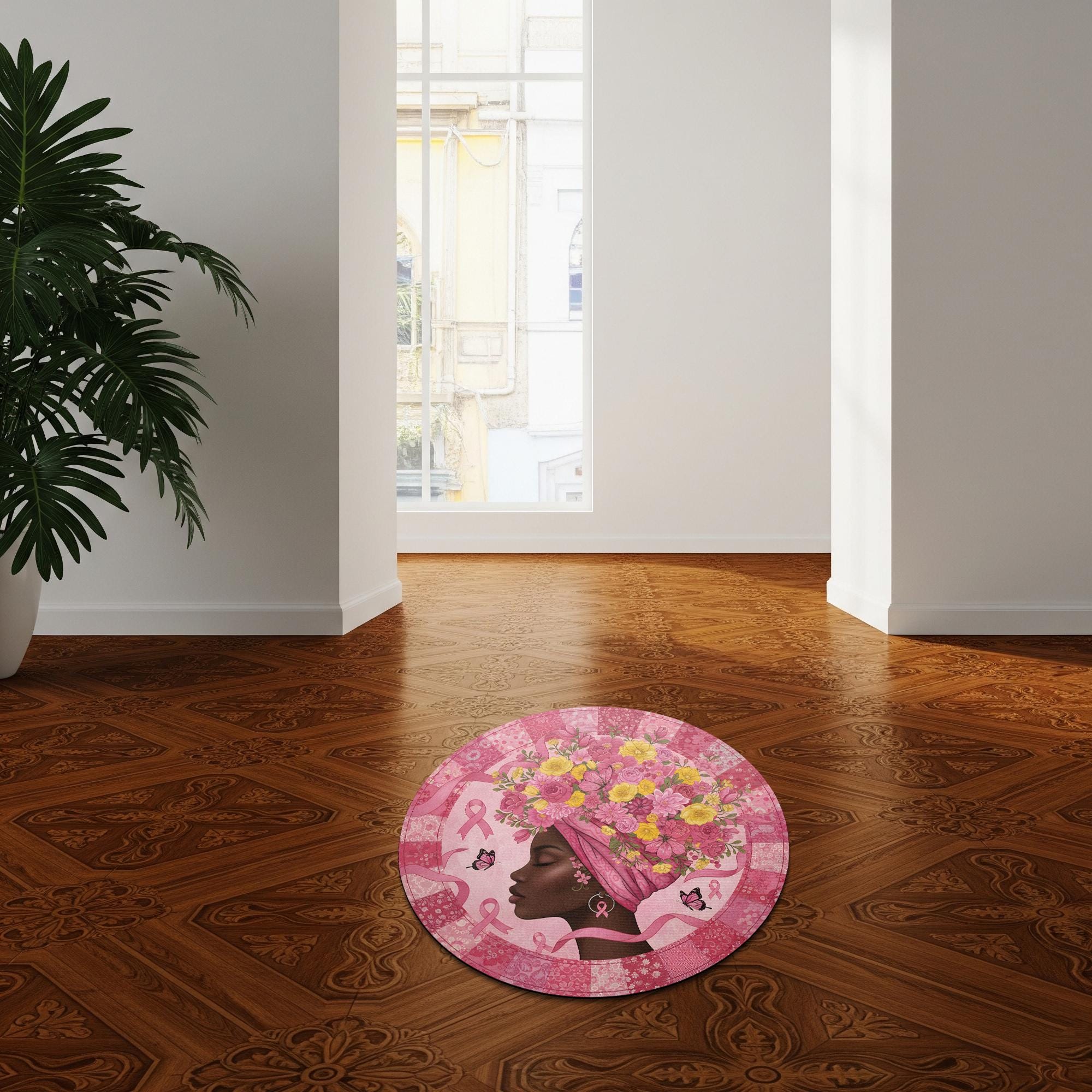 Breast Cancer Awareness Round Rug: Black Woman Silhouette, Pink Floral Head Wrap Design image 2