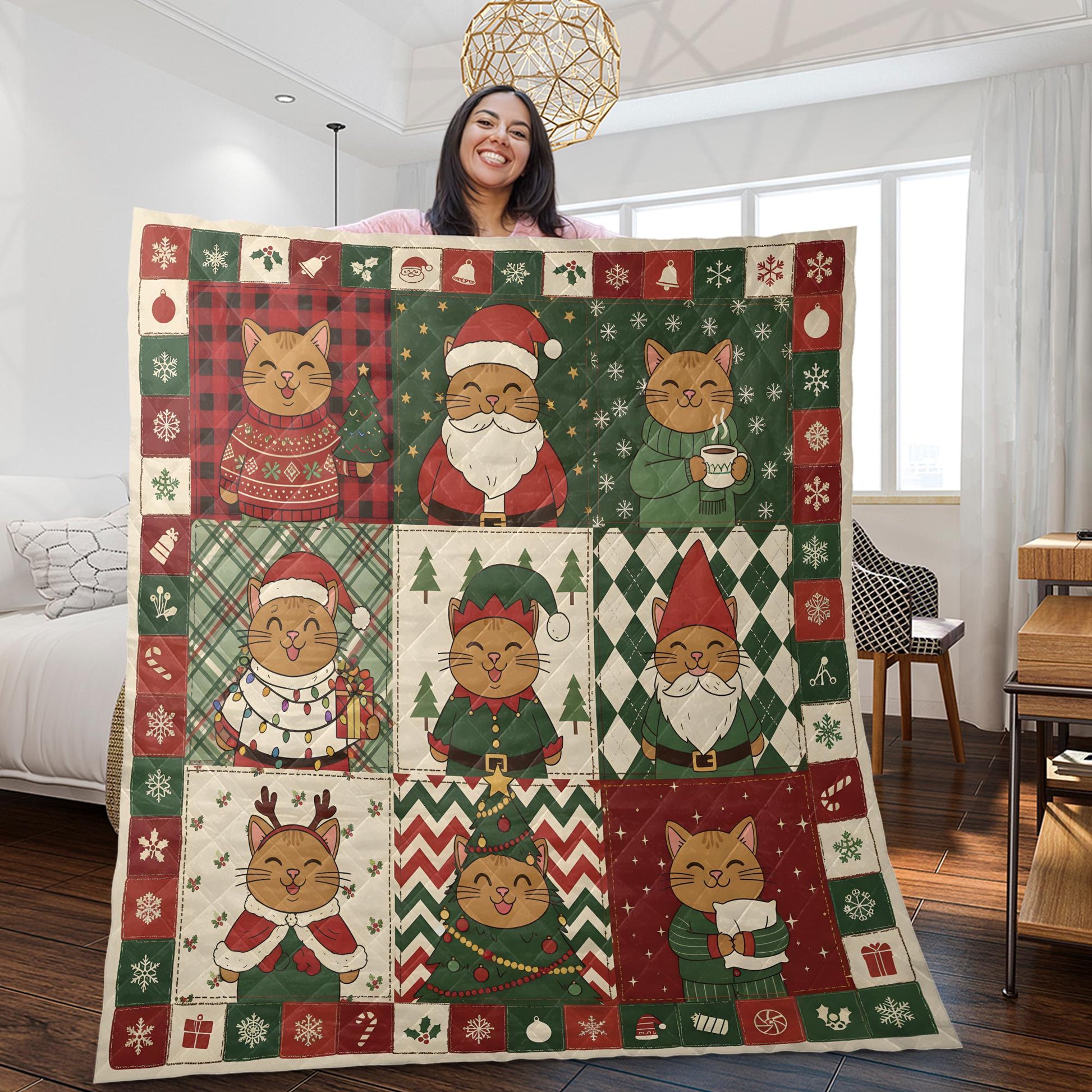 Christmas Cat Quilt Blanket: Nine Block Patchwork, Festive Holiday Throw image 2