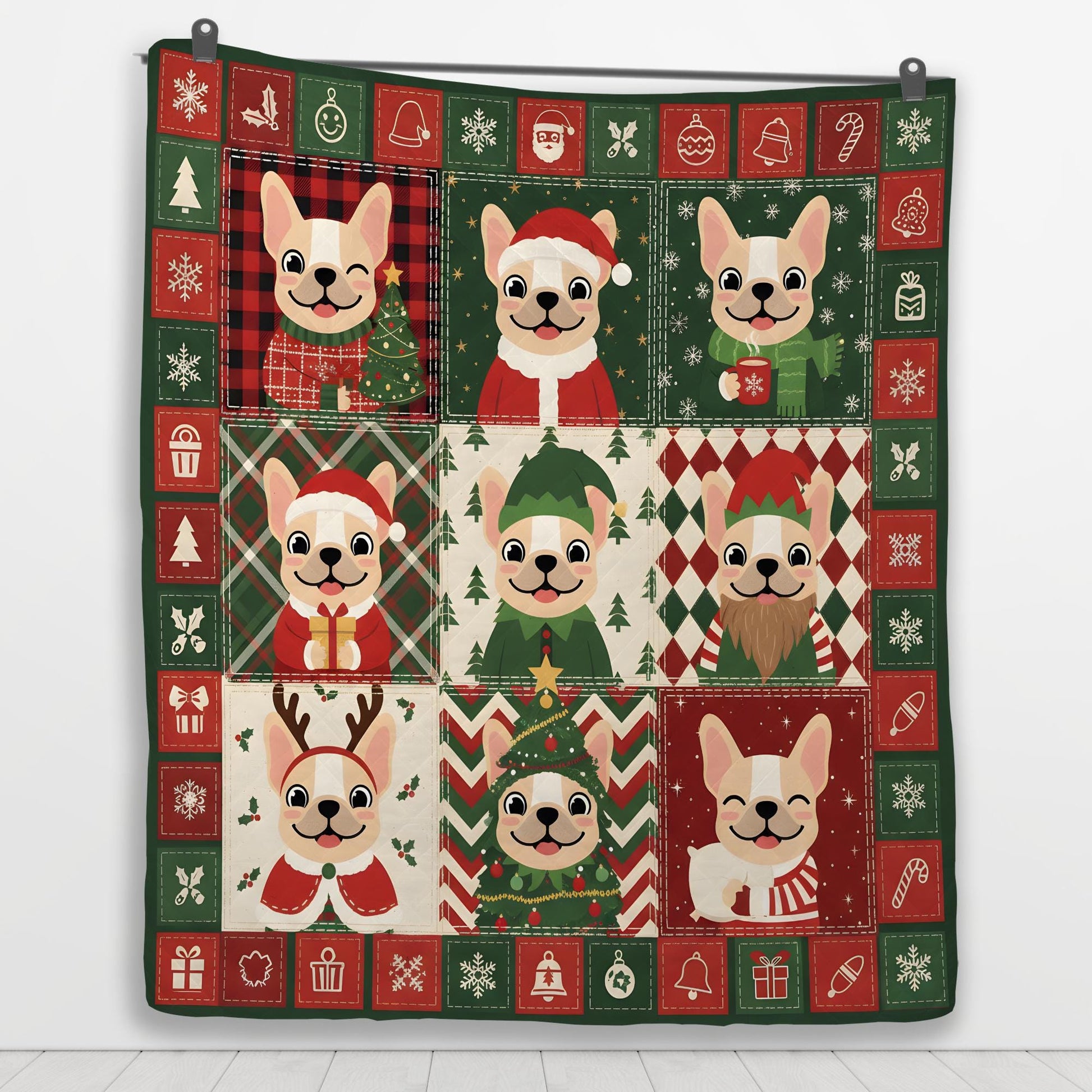 French Bulldog Christmas Quilt: Nine Block Patchwork Blanket, Festive Frenchie Holiday Throw image 4