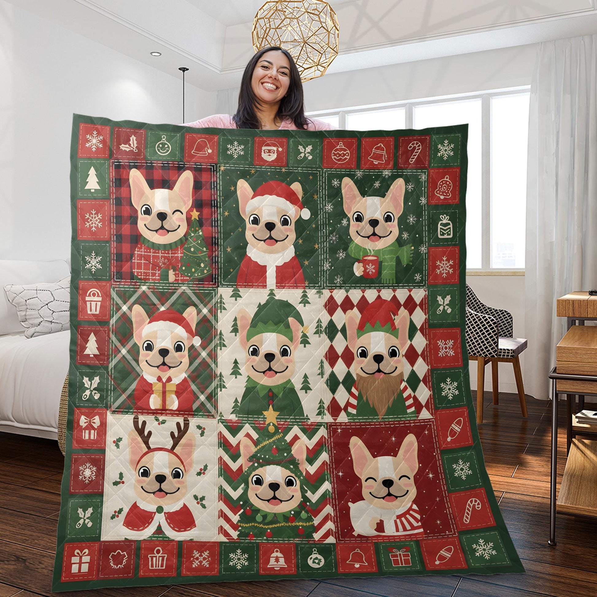 French Bulldog Christmas Quilt: Nine Block Patchwork Blanket, Festive Frenchie Holiday Throw image 2