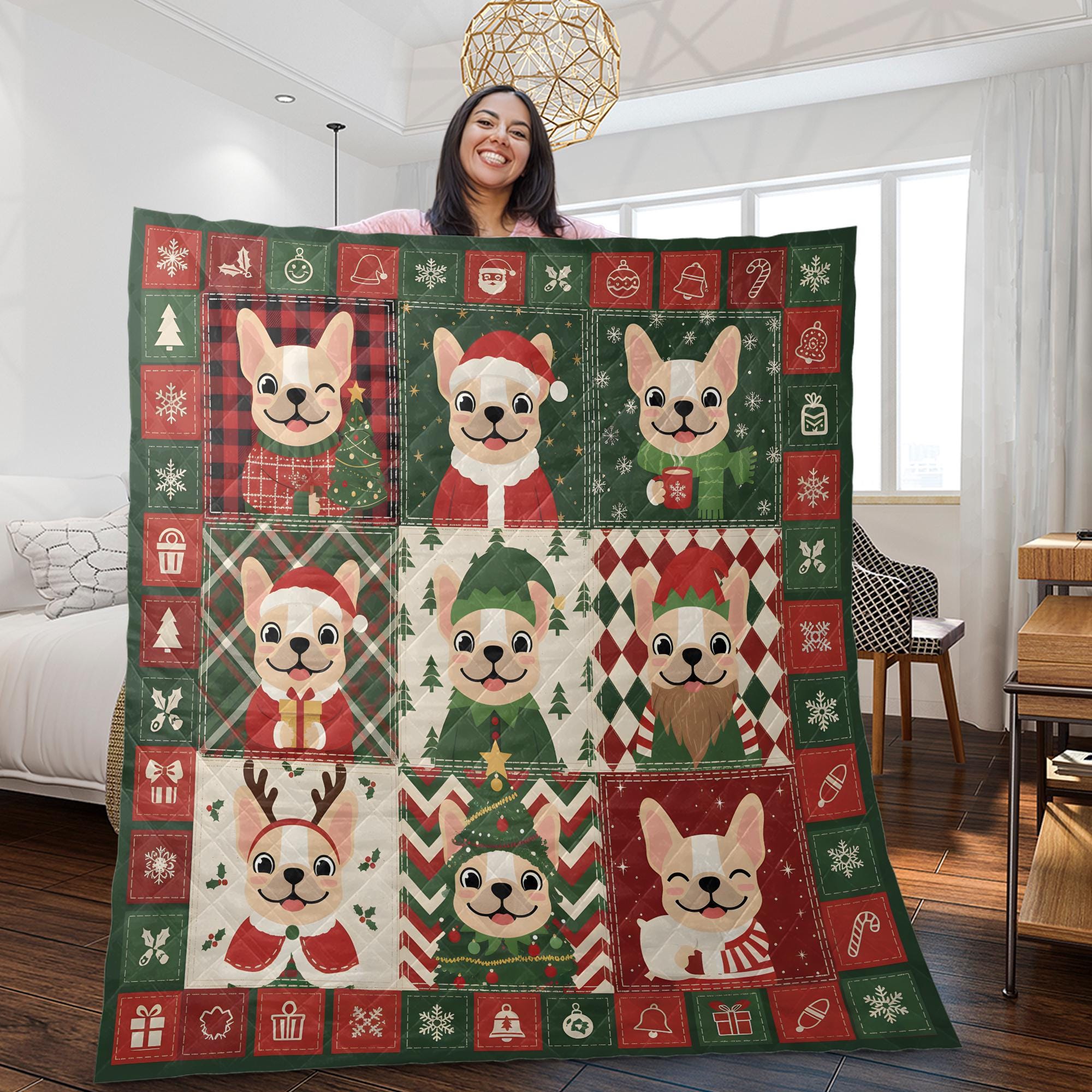 French Bulldog Christmas Quilt: Nine Block Patchwork Blanket, Festive Frenchie Holiday Throw image 2