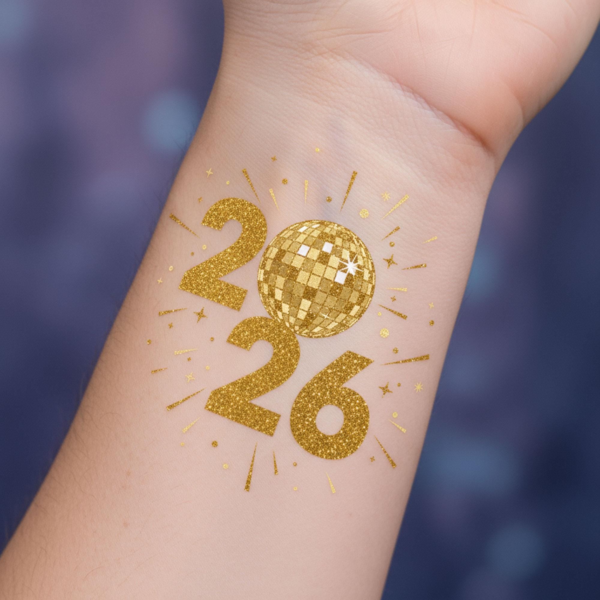 2026 New Year Tattoo: Gold Glitter Disco Ball, Holiday Party image 1