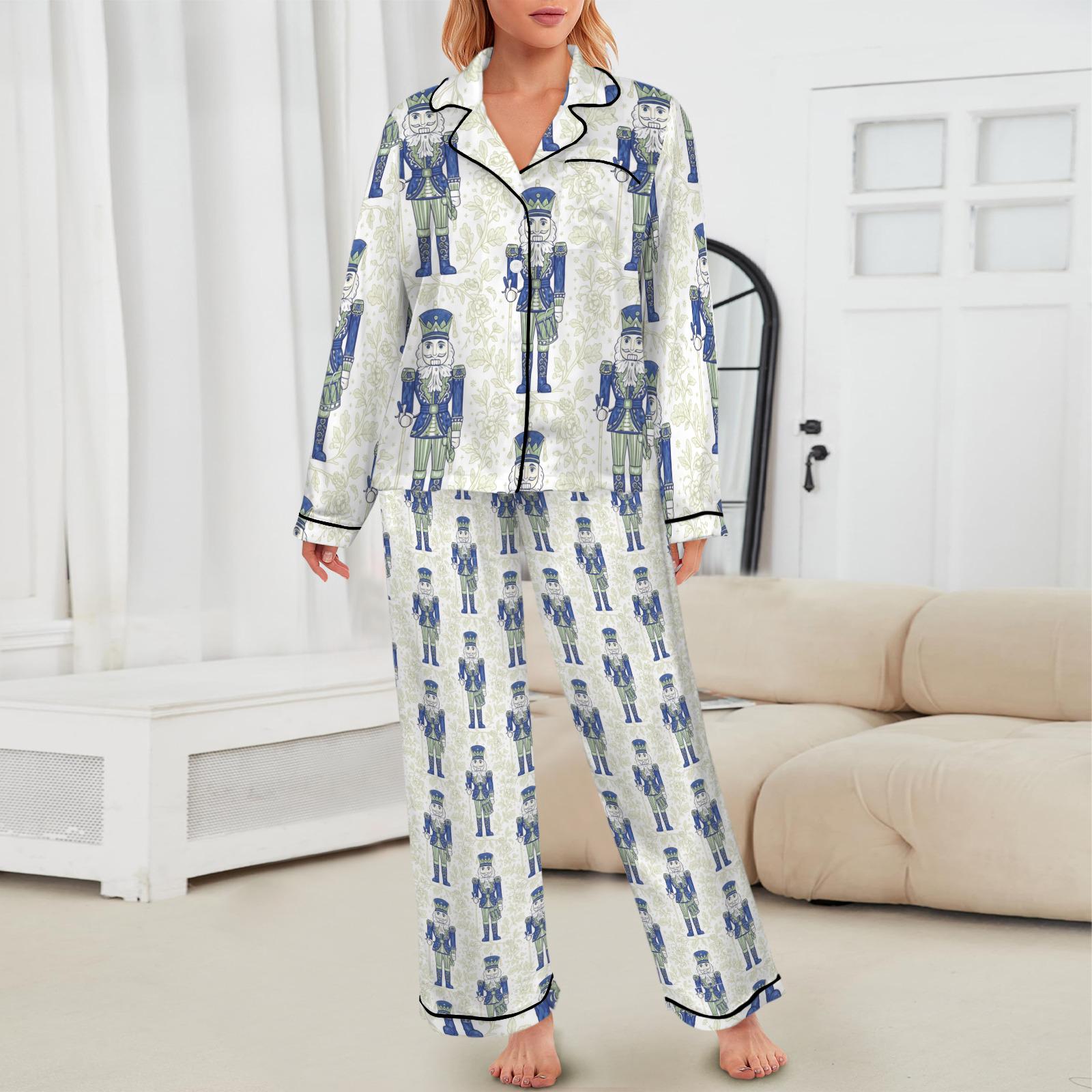 Chinoiserie Nutcracker Christmas Pajamas: Toile de Jouy Satin Sleepwear Set for Elegant Holiday Lounging image 2