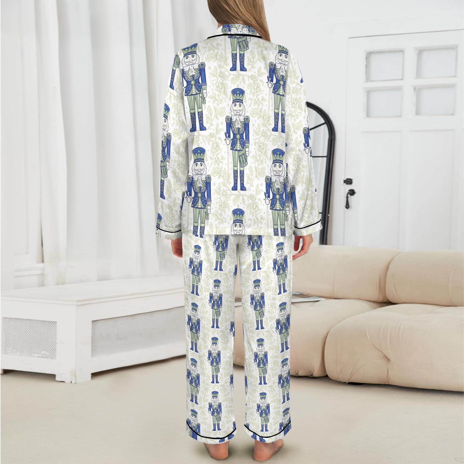 Chinoiserie Nutcracker Christmas Pajamas: Toile de Jouy Satin Sleepwear Set for Elegant Holiday Lounging image 3