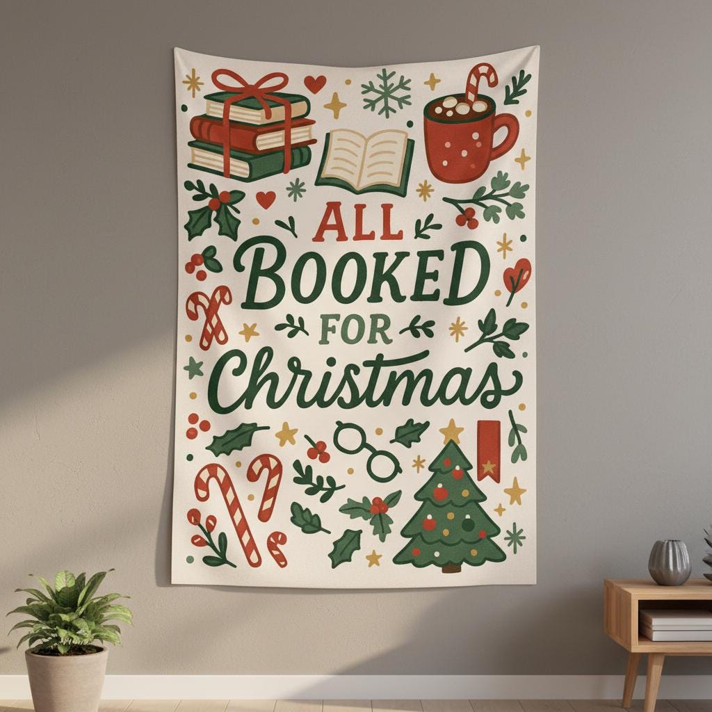 All Booked for Christmas Tapestry – Book Lover Holiday Wall Hanging, Cozy Reading Decor Gift