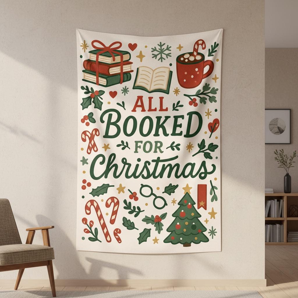 All Booked for Christmas Tapestry – Book Lover Holiday Wall Hanging, Cozy Reading Decor Gift