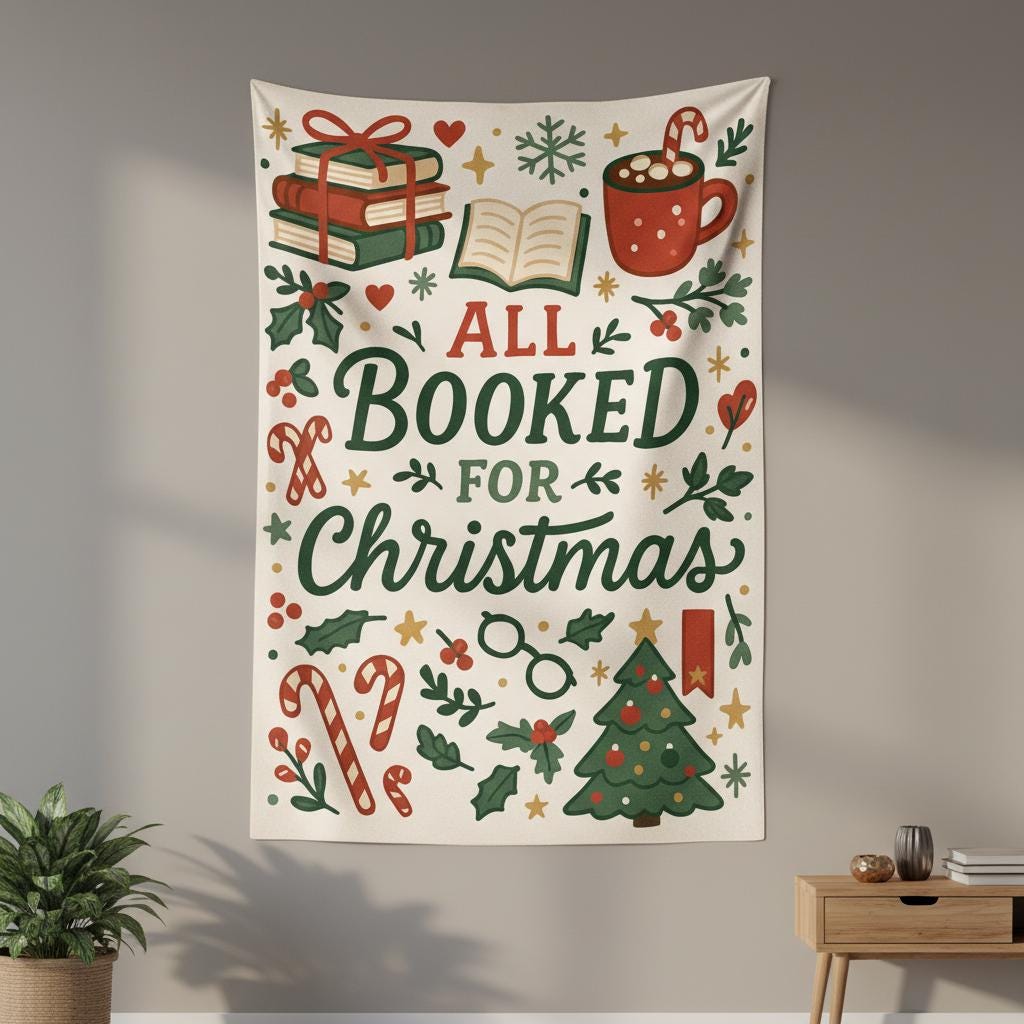 All Booked for Christmas Tapestry – Book Lover Holiday Wall Hanging, Cozy Reading Decor Gift