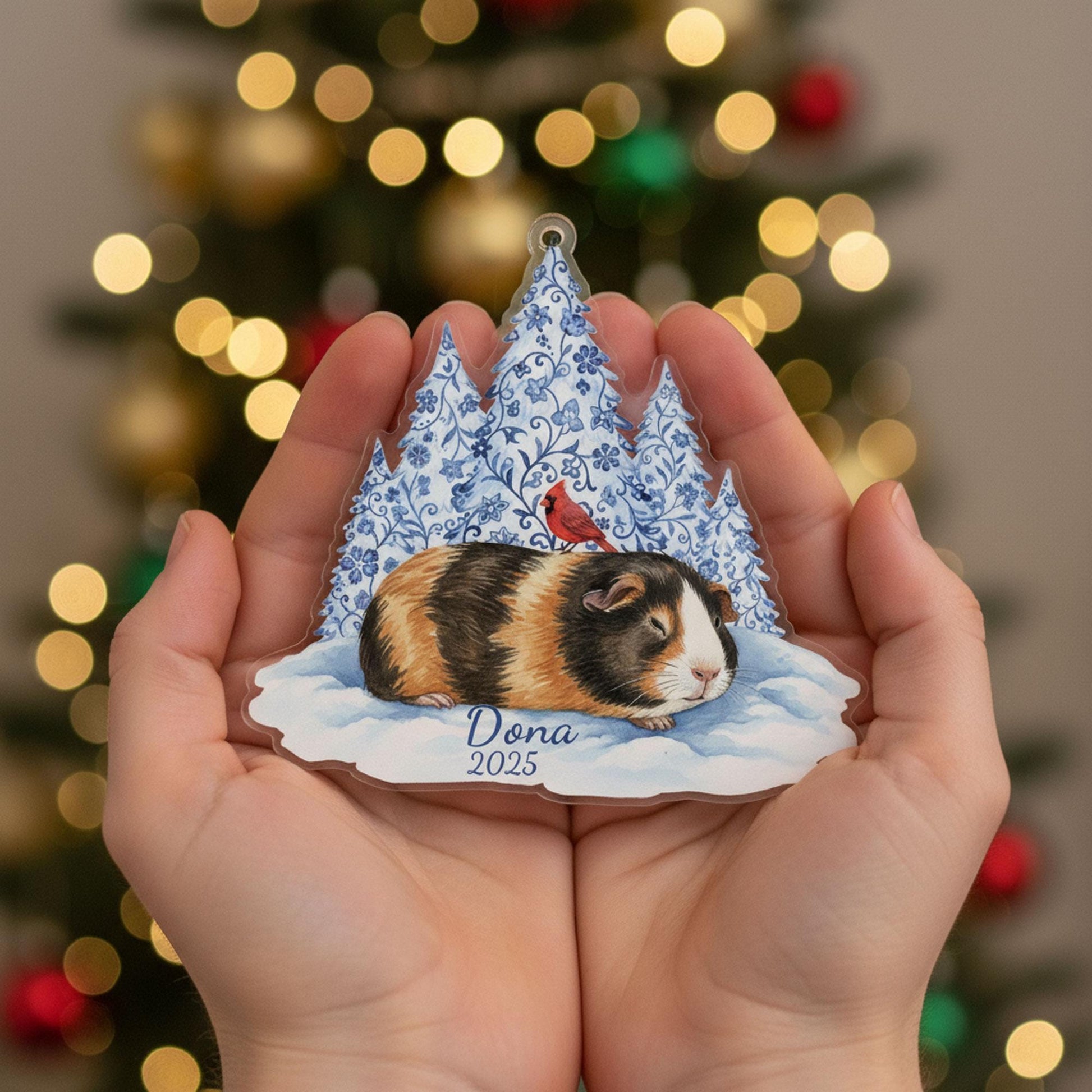 Acrylic Guinea Pig Ornament: Pet Memorial Portrait Calico Winter