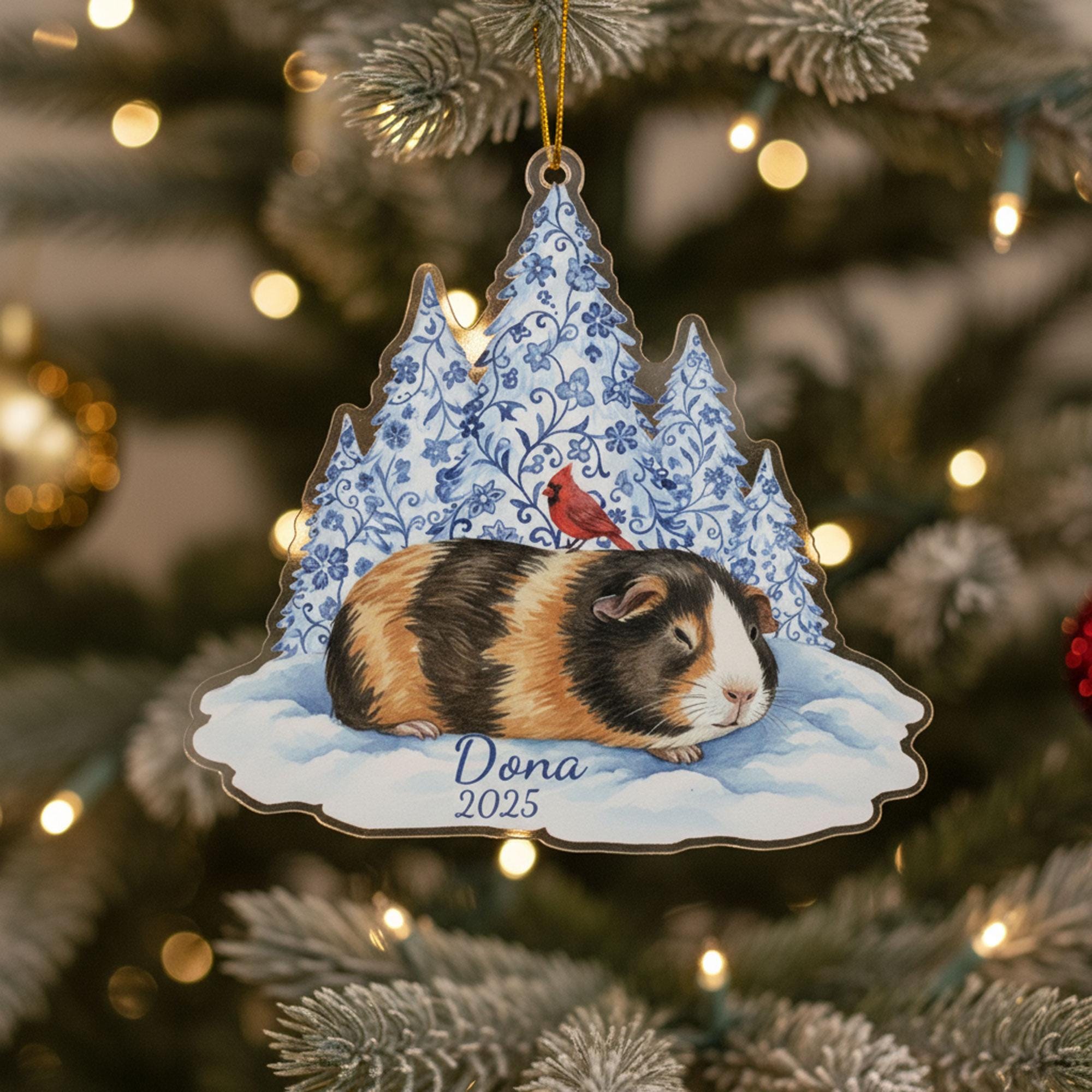 Acrylic Guinea Pig Ornament: Pet Memorial Portrait Calico Winter