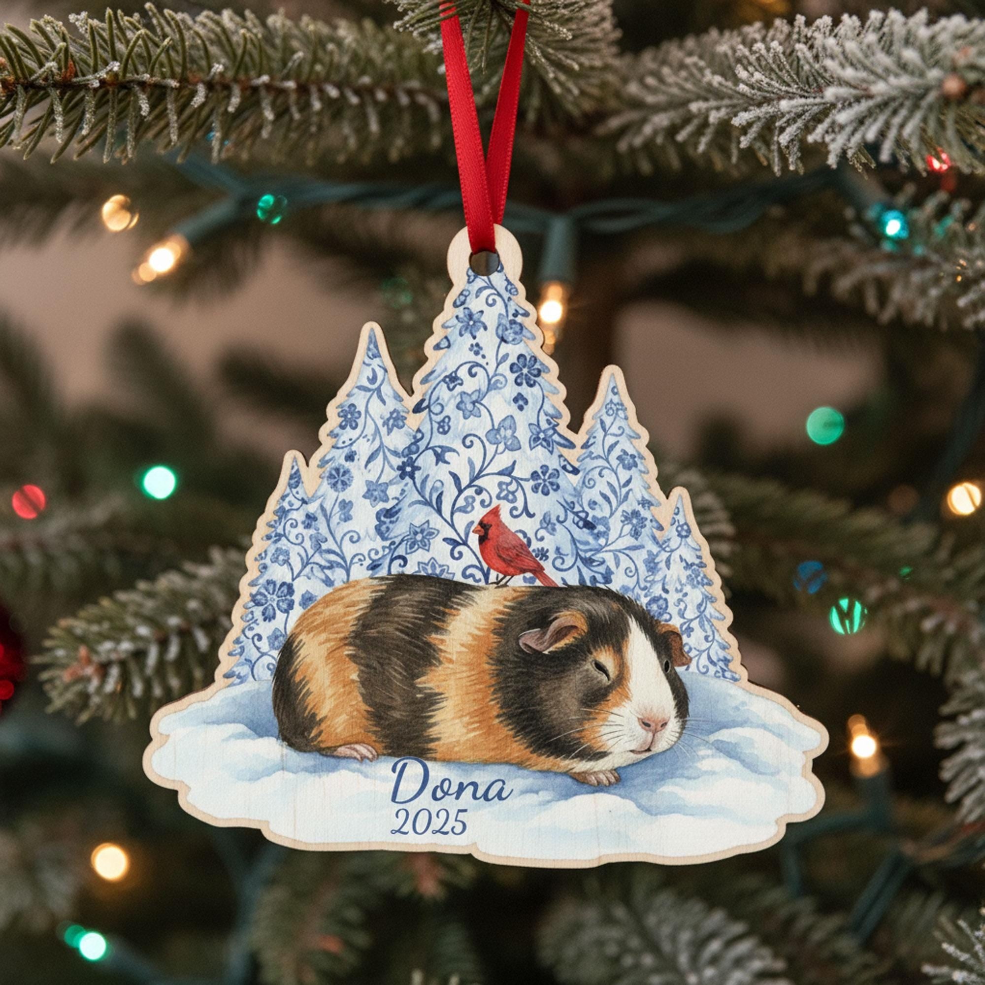 Acrylic Guinea Pig Ornament: Pet Memorial Portrait Calico Winter