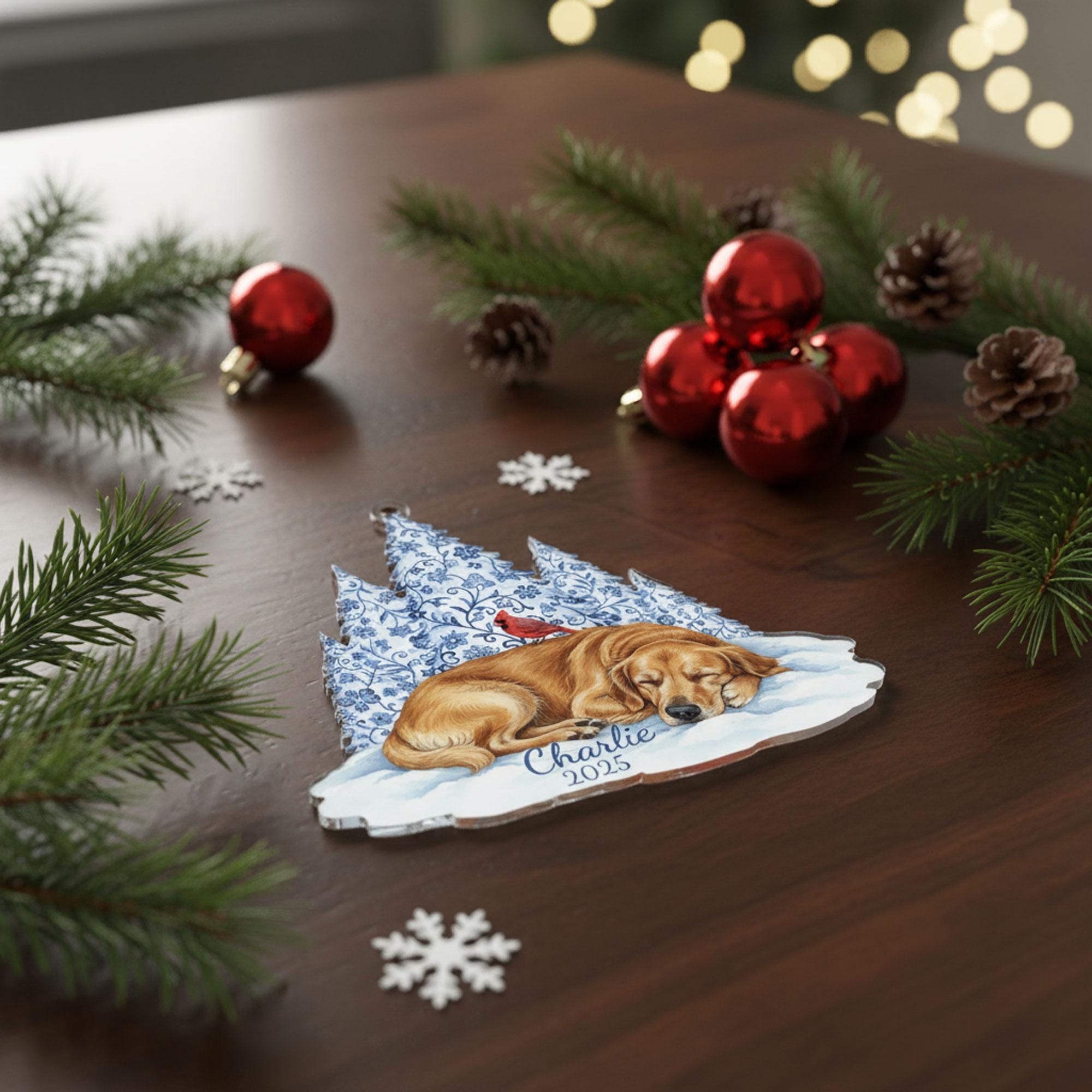 Acrylic Dog Ornament: Golden Retriever Memorial Portrait Winter