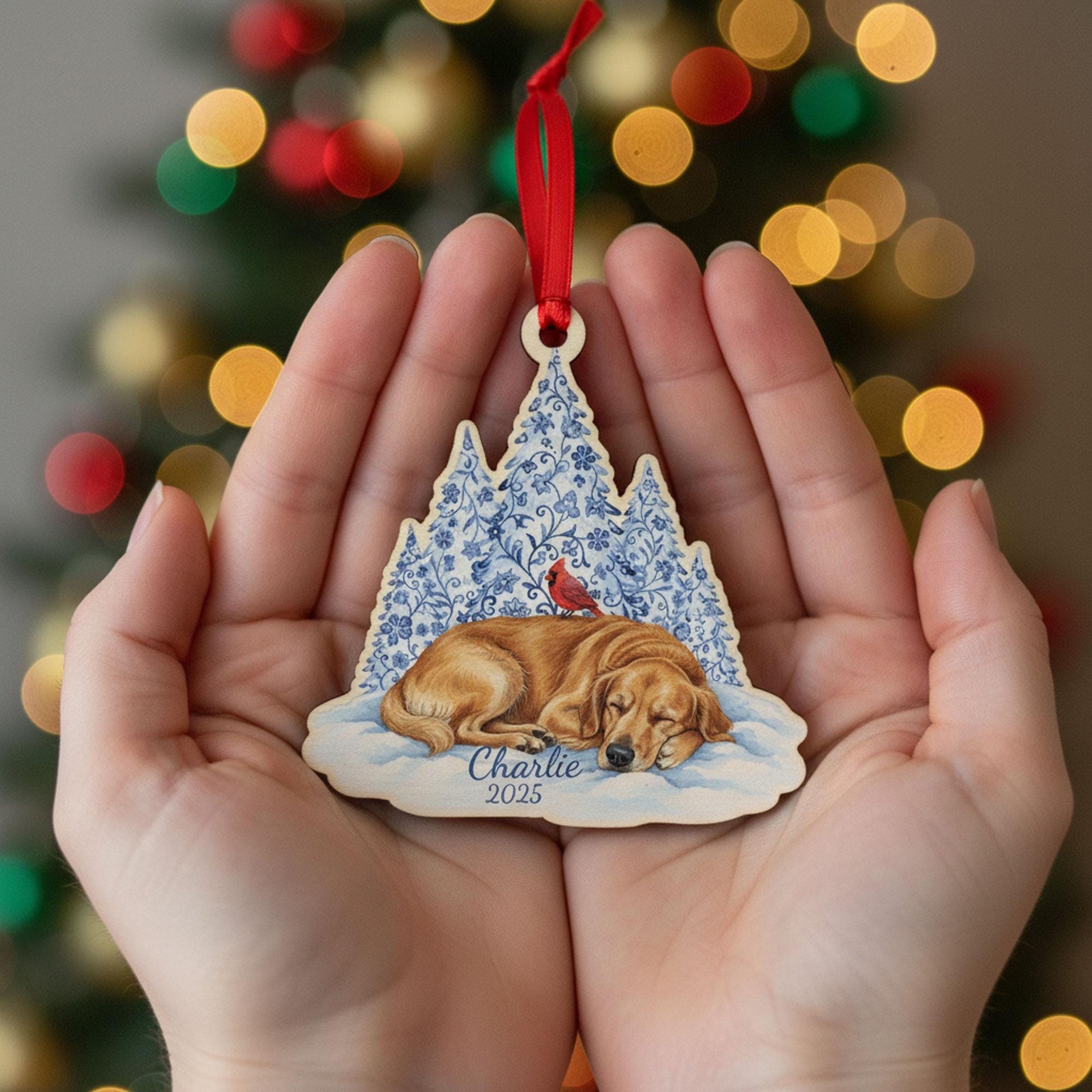 Acrylic Dog Ornament: Golden Retriever Memorial Portrait Winter