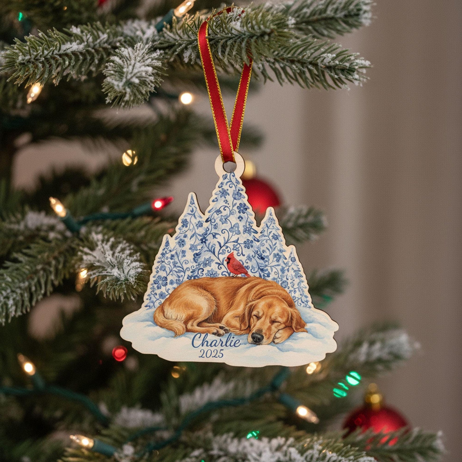 Acrylic Dog Ornament: Golden Retriever Memorial Portrait Winter