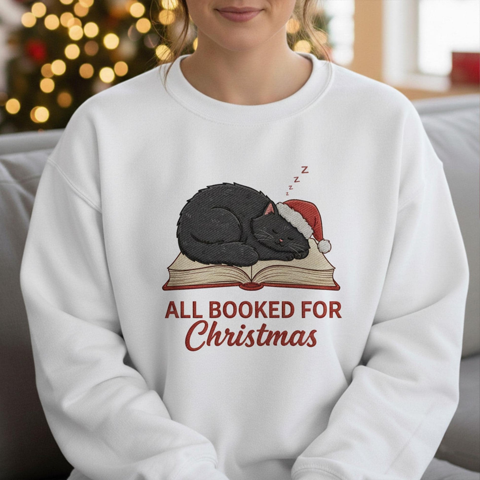 Embroidered Crewneck: Funny Christmas Sweatshirt Black Cat Book