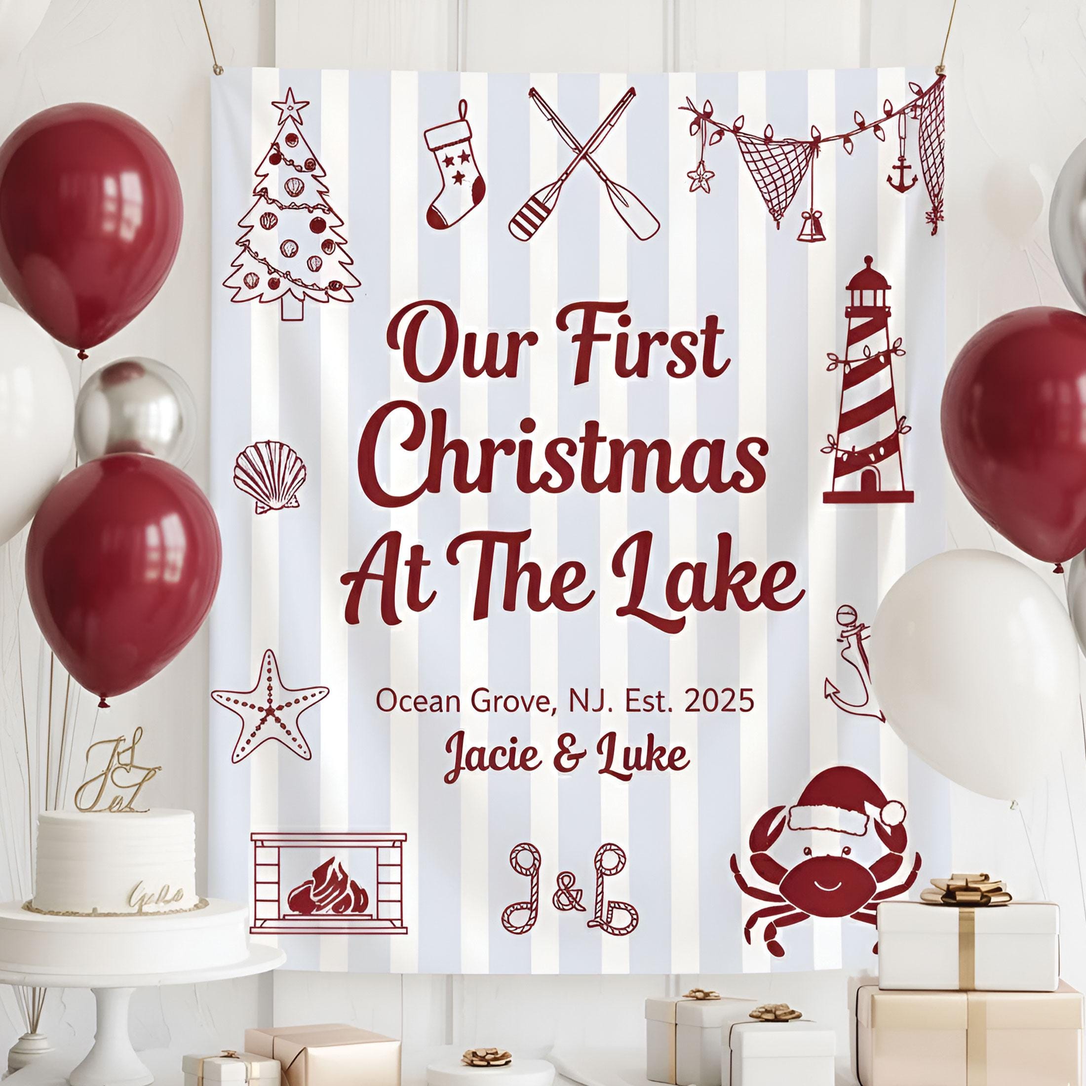 Custom First Christmas At Lake Tapestry: Rustic Christmas Theme Backdrop