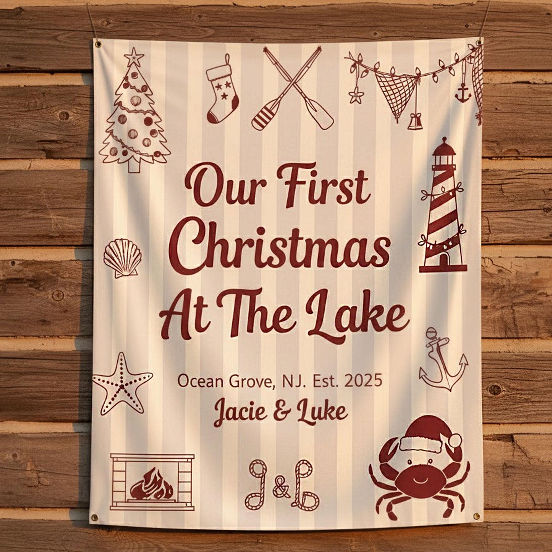 Custom First Christmas At Lake Tapestry: Rustic Christmas Theme Backdrop