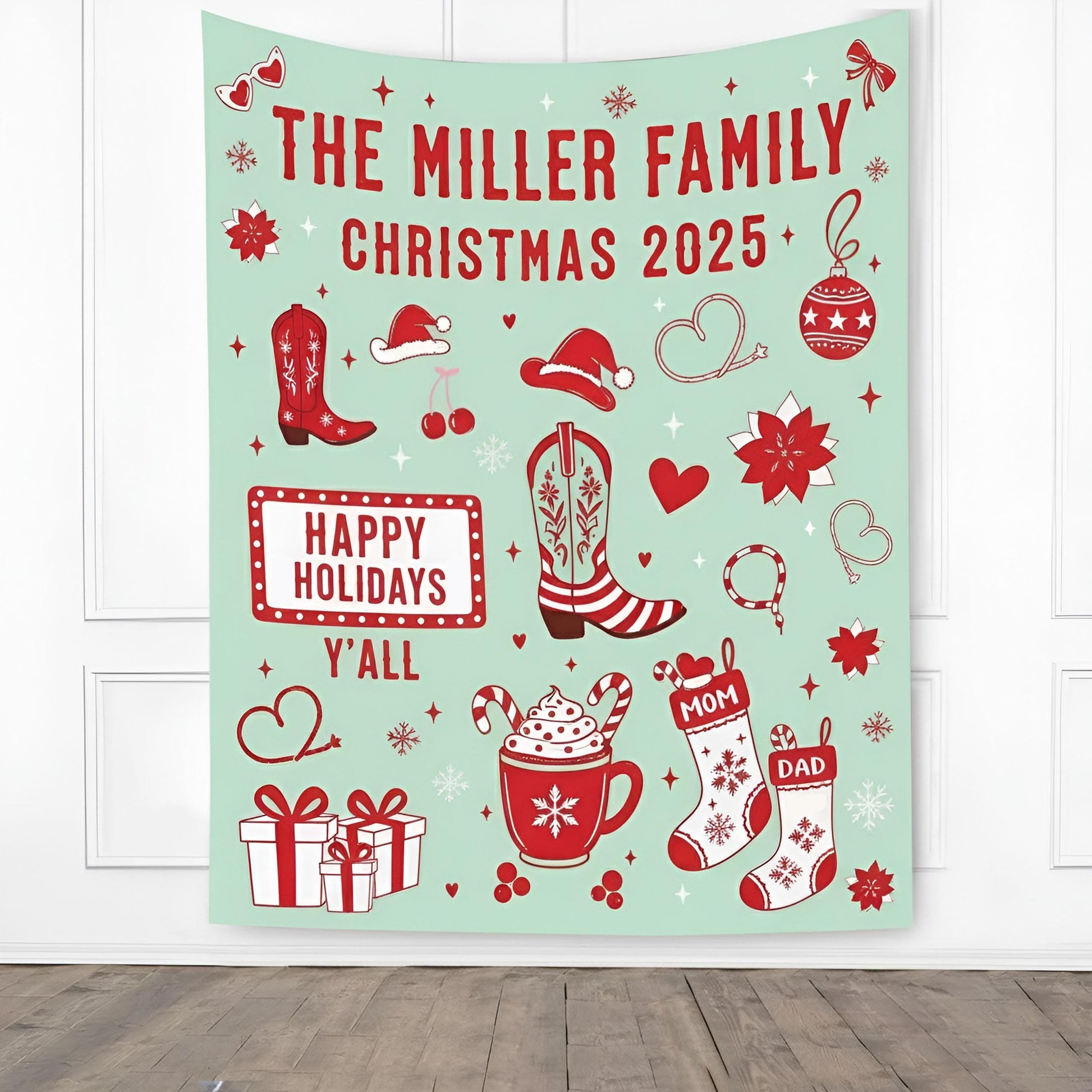 Custom Western Family Christmas Backdrop: Rustic Holiday Banner Cowboy Boots Festive Southern Decor
