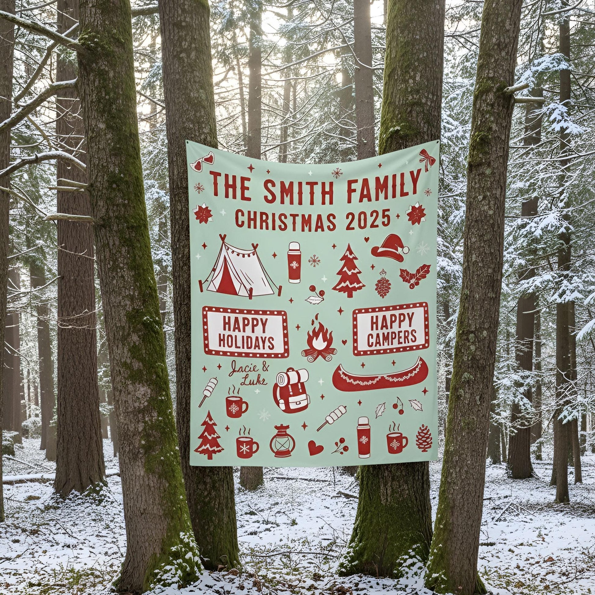 Custom Camping Family Christmas Backdrop: Personalized Holiday Banner with Tent
