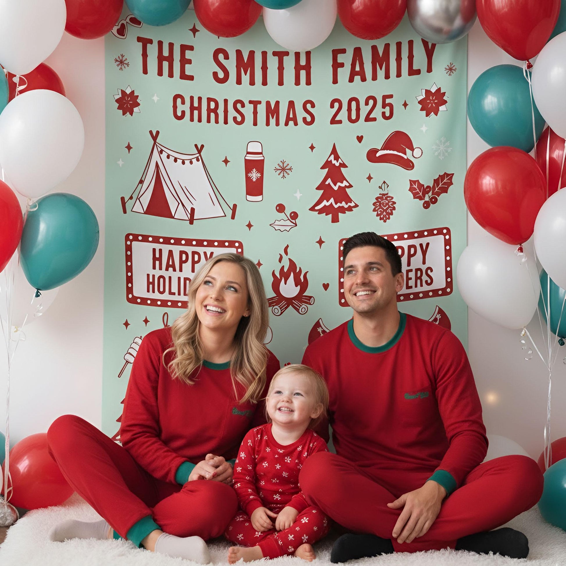Custom Camping Family Christmas Backdrop: Personalized Holiday Banner with Tent