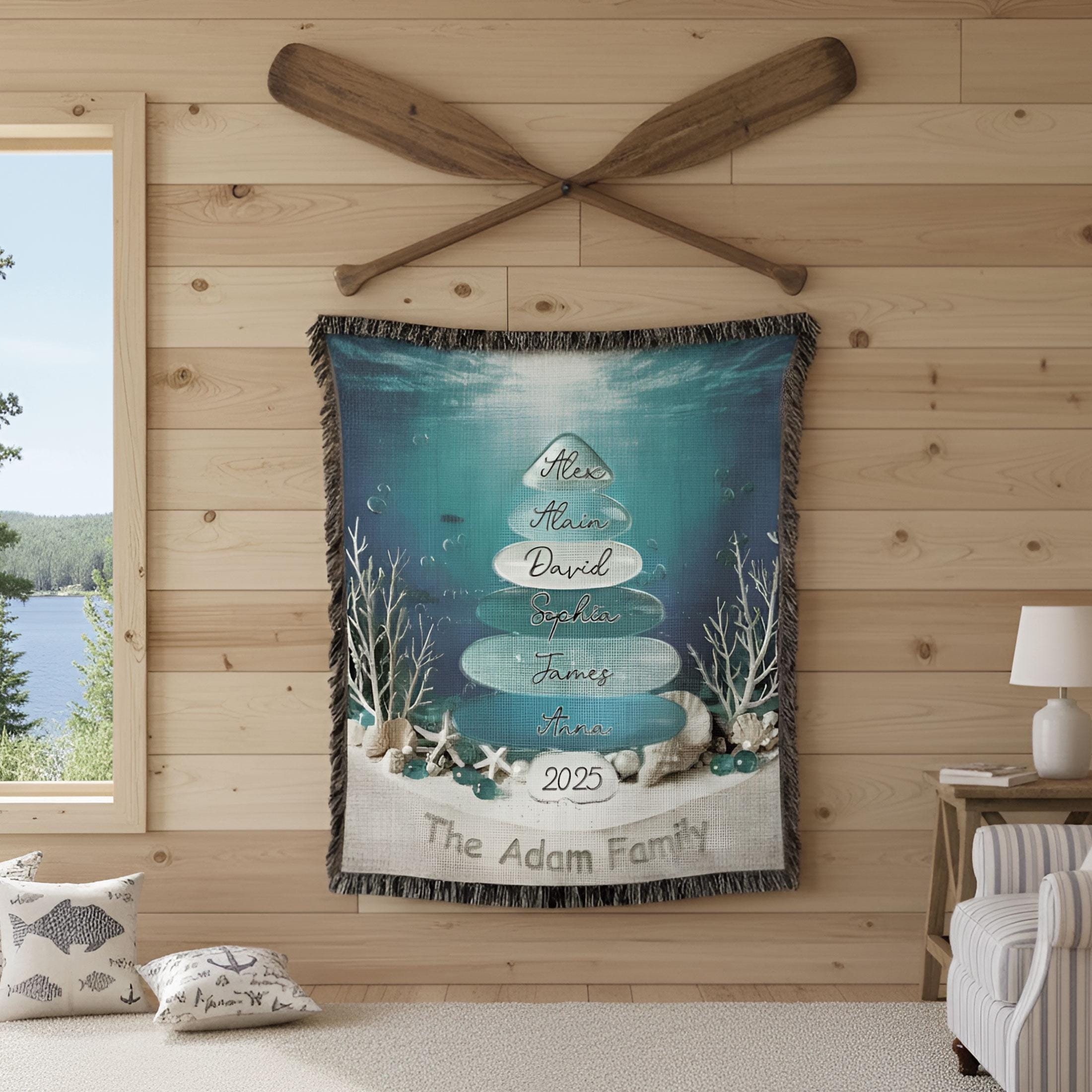 Custom Coastal Family Christmas Tree Woven Blanket: Ocean-Inspired Holiday Beach House Decor