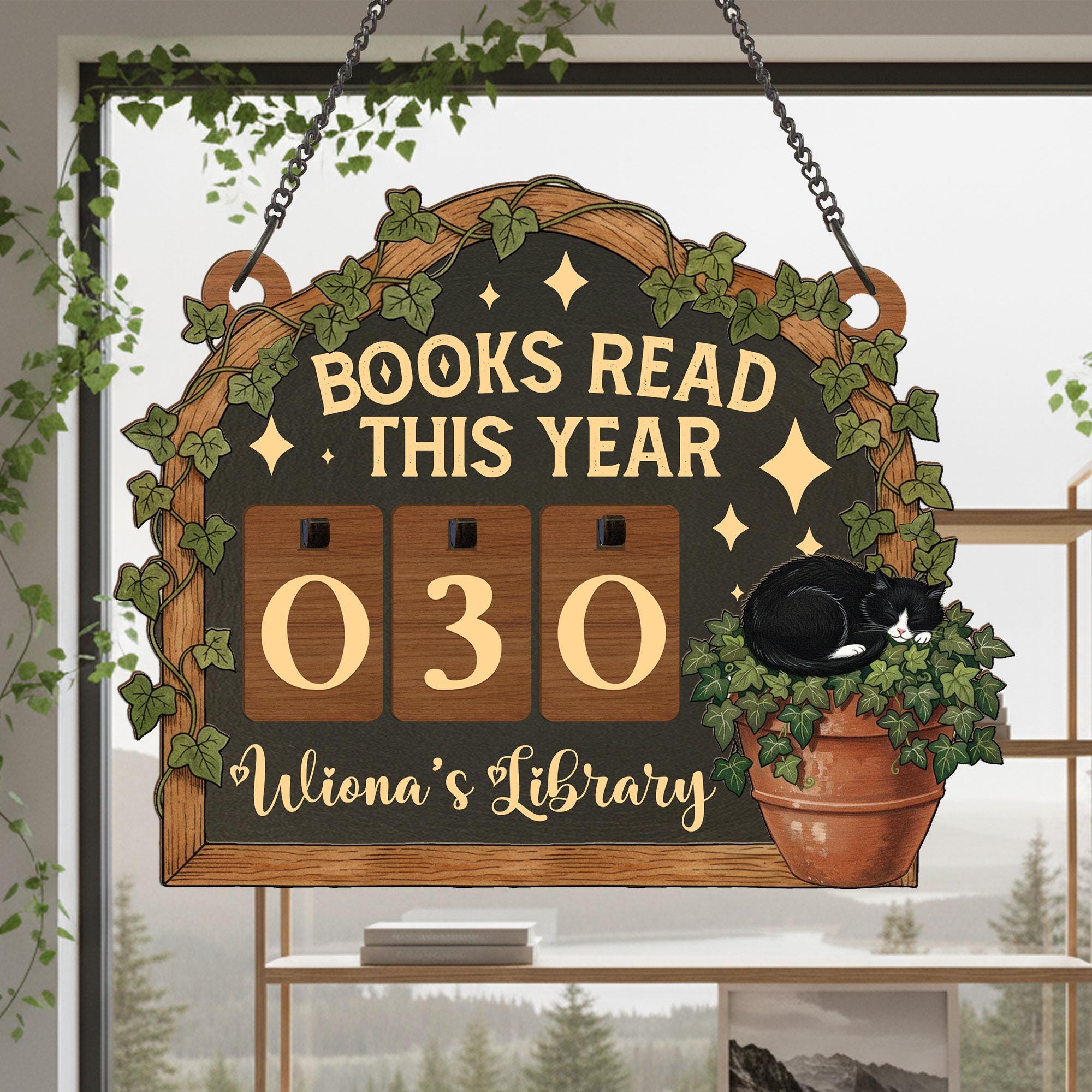 Books Read This Year Tracker: Tuxedo Cat & Ivy Plant Sign, Cozy Reader Counter