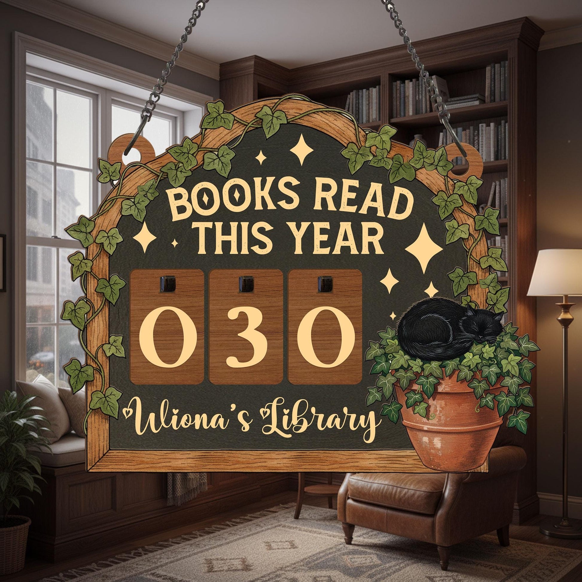 Books Read This Year Tracker: Black Cat & Ivy Plant Sign, Cozy Reader Counter