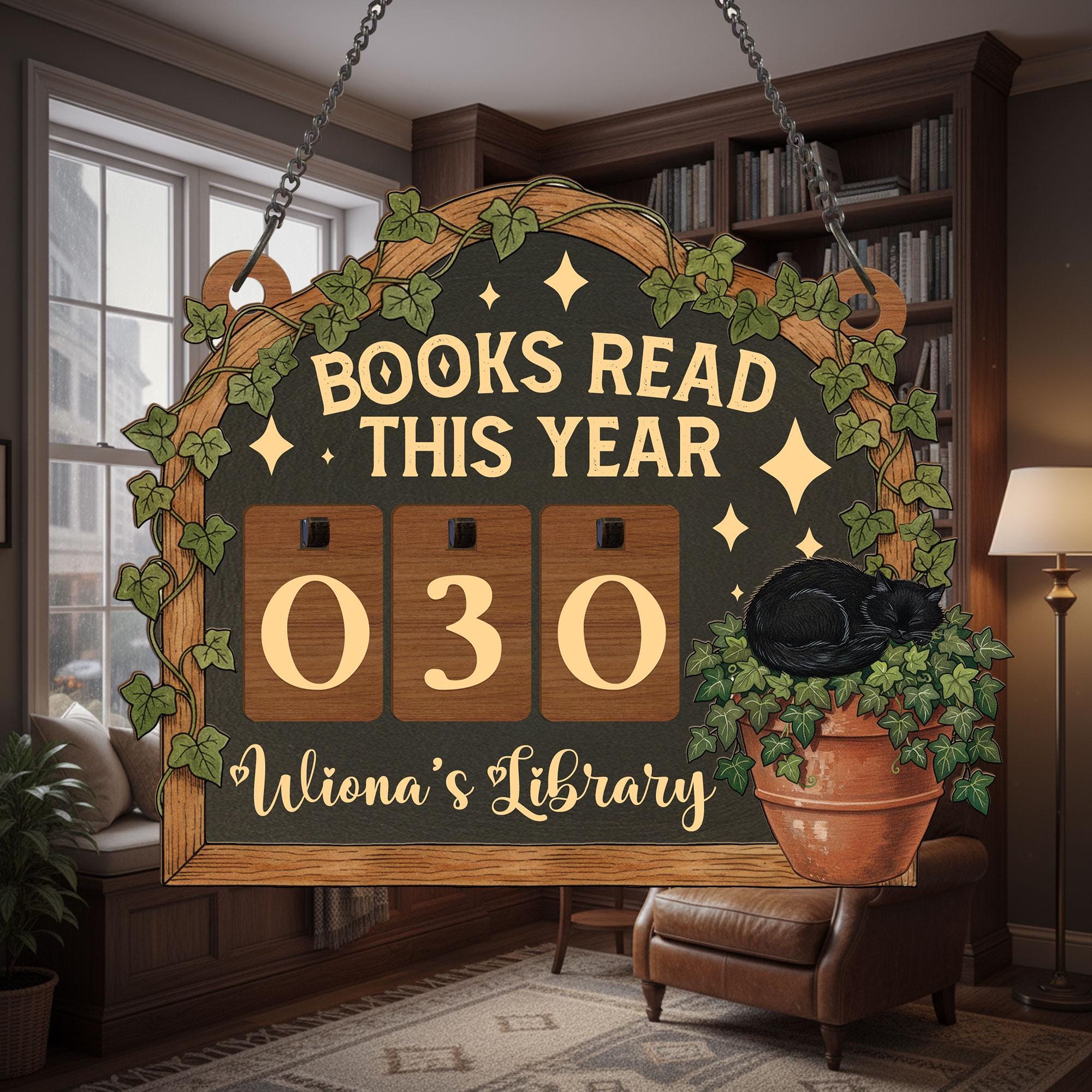 Books Read This Year Tracker: Black Cat & Ivy Plant Sign, Cozy Reader Counter