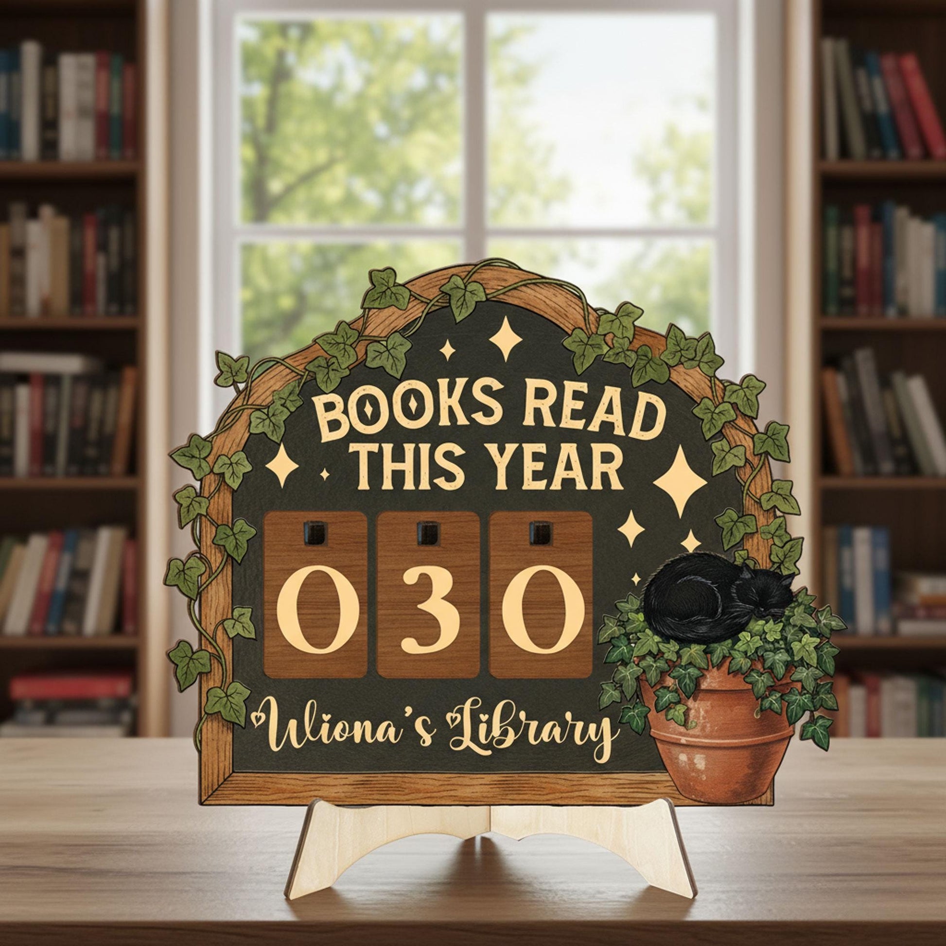Books Read This Year Tracker: Black Cat & Ivy Plant Sign, Cozy Reader Counter