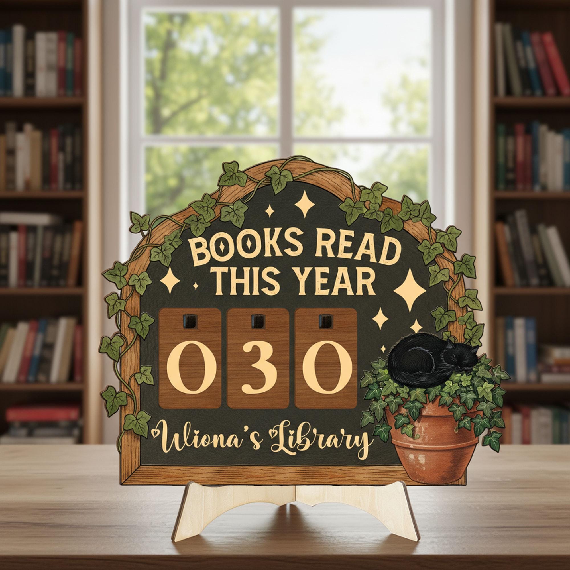 Books Read This Year Tracker: Black Cat & Ivy Plant Sign, Cozy Reader Counter