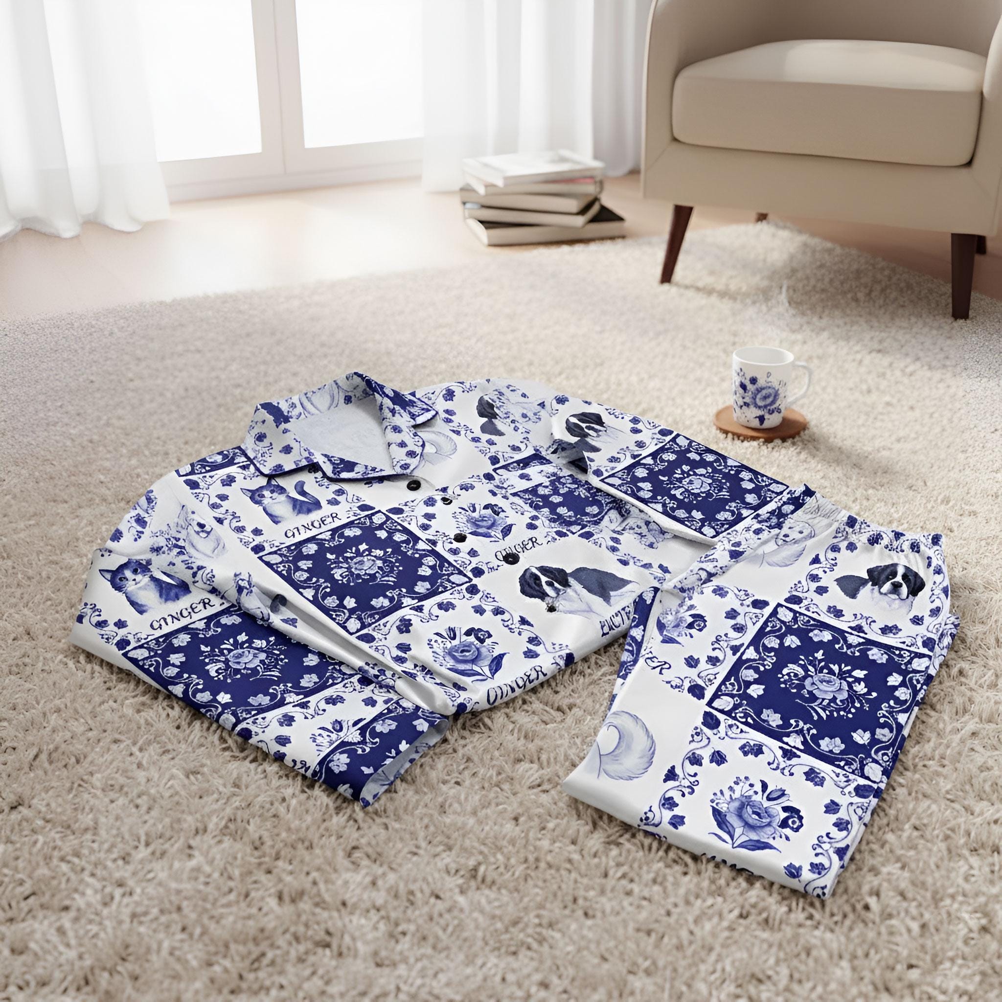 Chinoiserie Toile Dog Mom Cat Mom - Personalized Satin Pajama Set