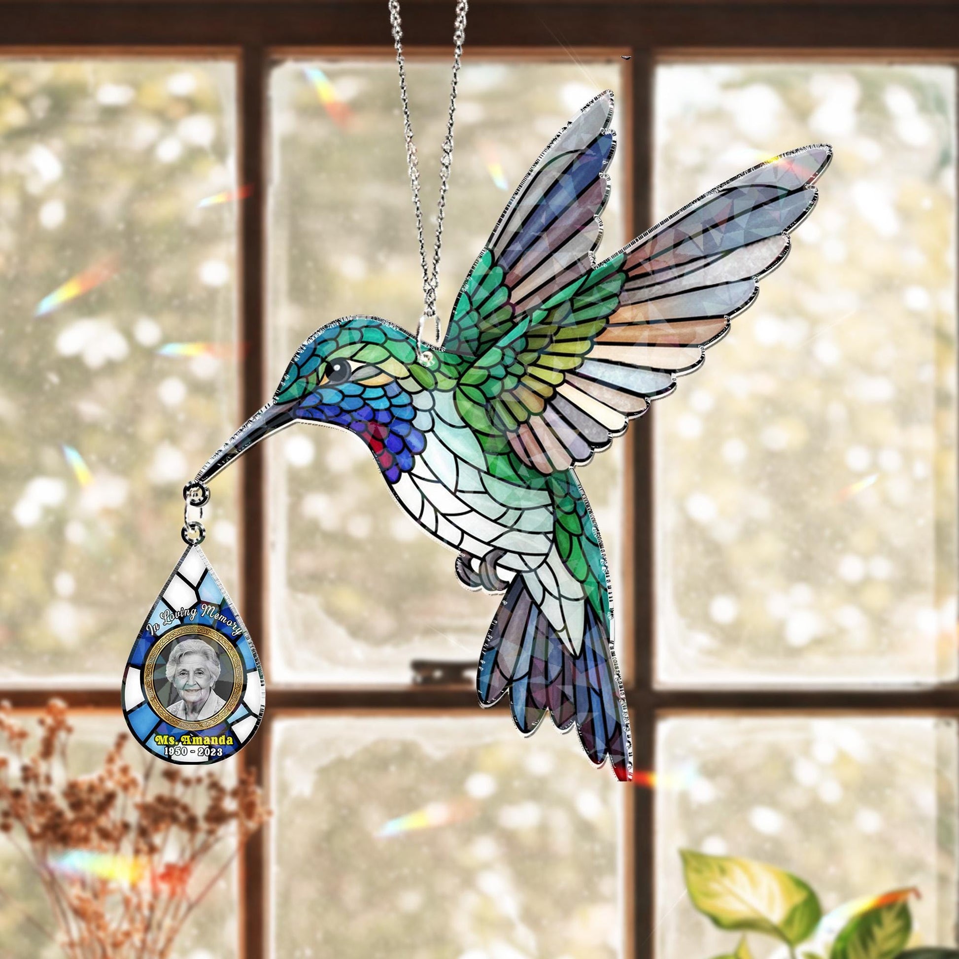 Personalized Photo Hummingbird Suncatcher: Hologram Memorial, Window Hanging Decor