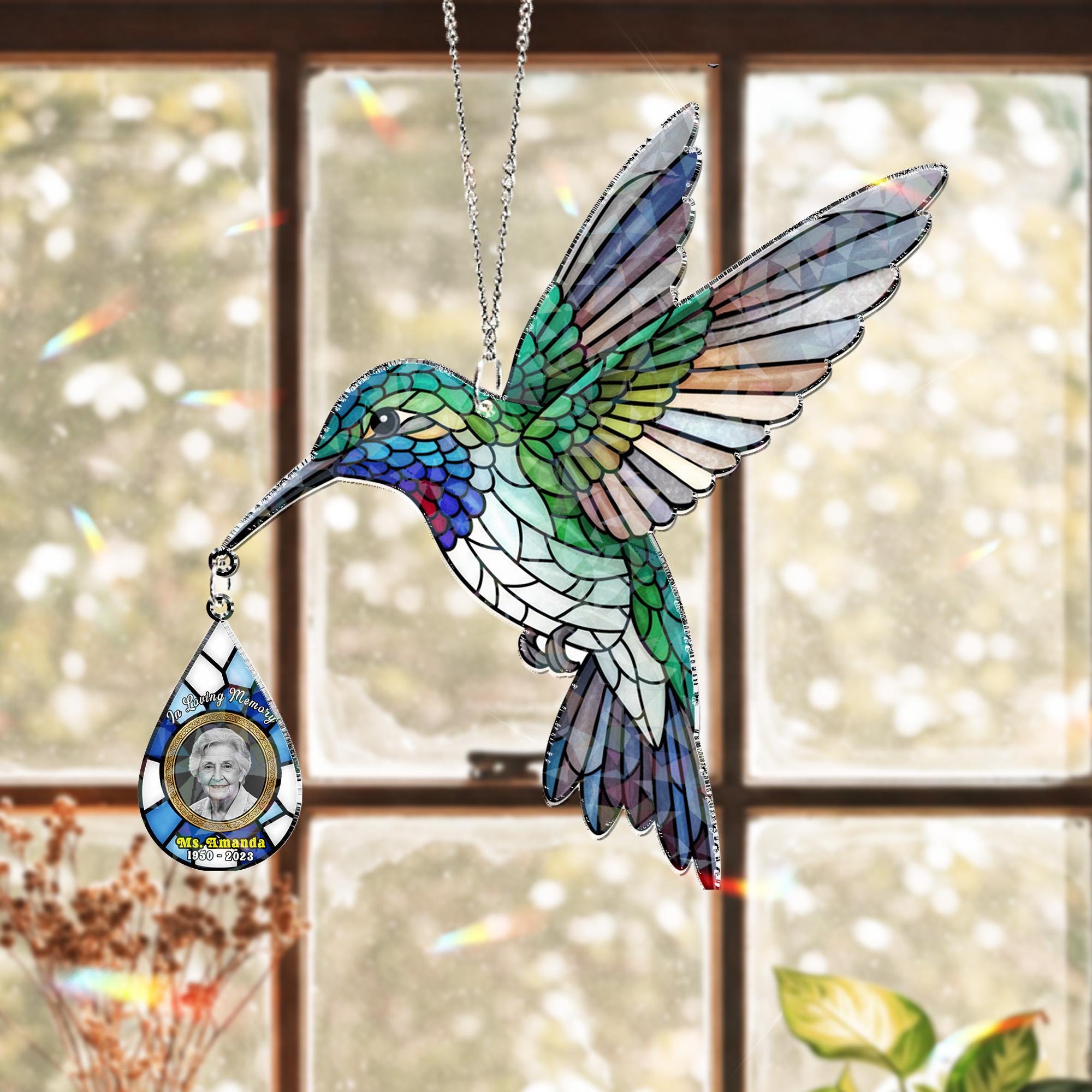 Personalized Photo Hummingbird Suncatcher: Hologram Memorial, Window Hanging Decor