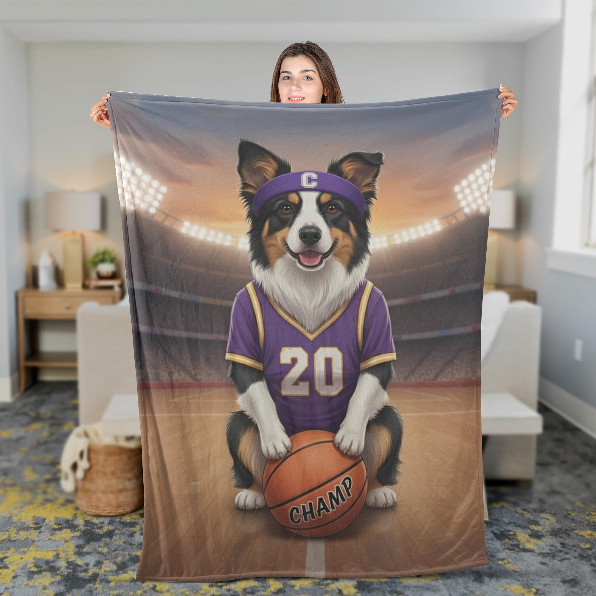 Custom Basketball Pet Portrait Fleece Blanket, Personalized Pet Throw