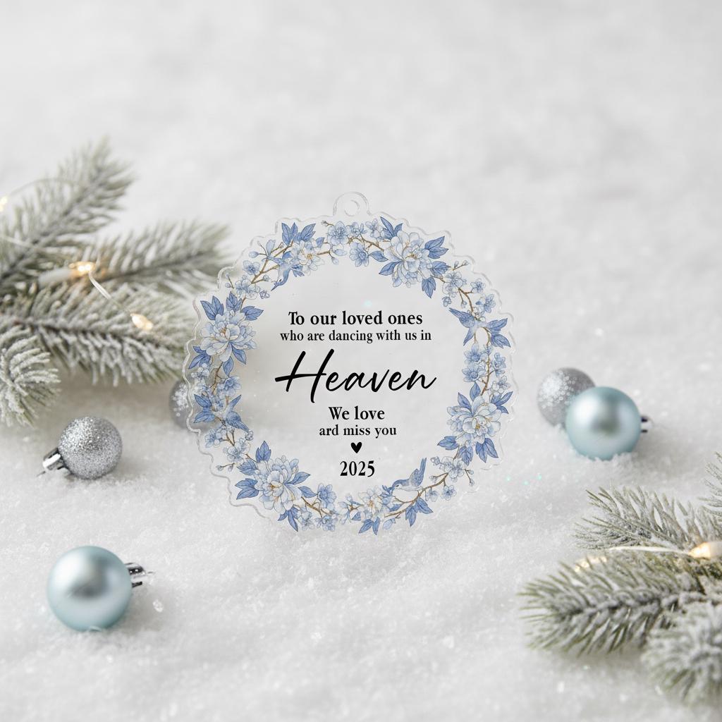 Personalized Memorial Ornament: "Dancing in Heaven" Quote, Blue Floral Wreath, Christmas Tree Decor