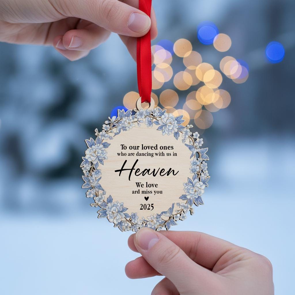 Personalized Memorial Ornament: "Dancing in Heaven" Quote, Blue Floral Wreath, Christmas Tree Decor