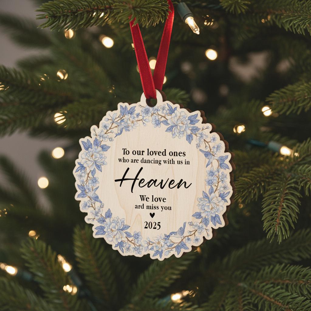 Personalized Memorial Ornament: "Dancing in Heaven" Quote, Blue Floral Wreath, Christmas Tree Decor
