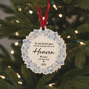 Personalized Memorial Ornament: "Dancing in Heaven" Quote, Blue Floral Wreath, Christmas Tree Decor